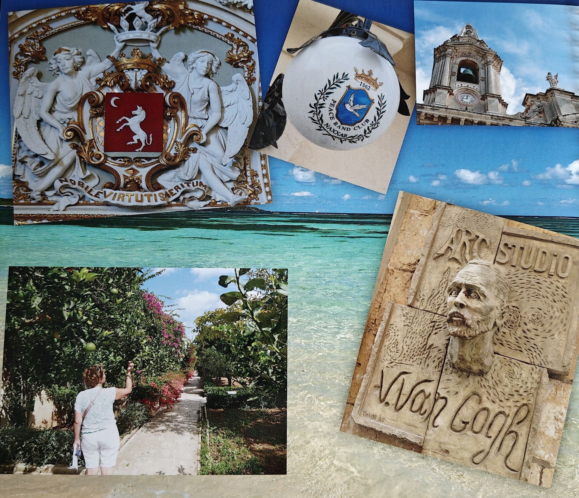 Collage met een sierlijk wapen, koepel, kerk, tuinpad en een 