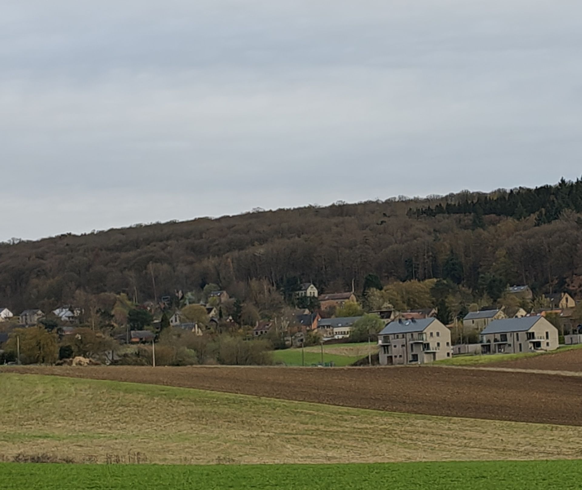 Een klein dorpje, verscholen tegen een beboste heuvel, gezien vanaf de overkant van een geploegd veld.