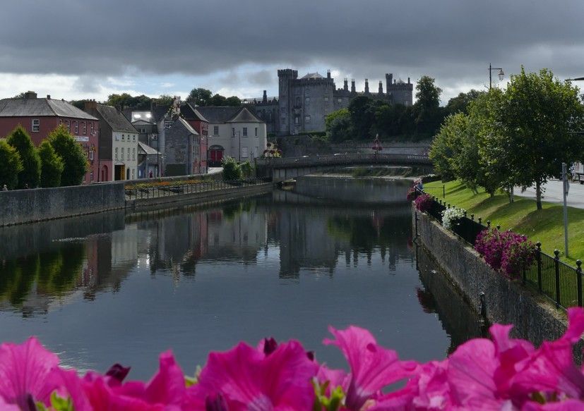 Rivierlandschap met een kasteel op de achtergrond, huizen langs het water en roze bloemen op de voorgrond.