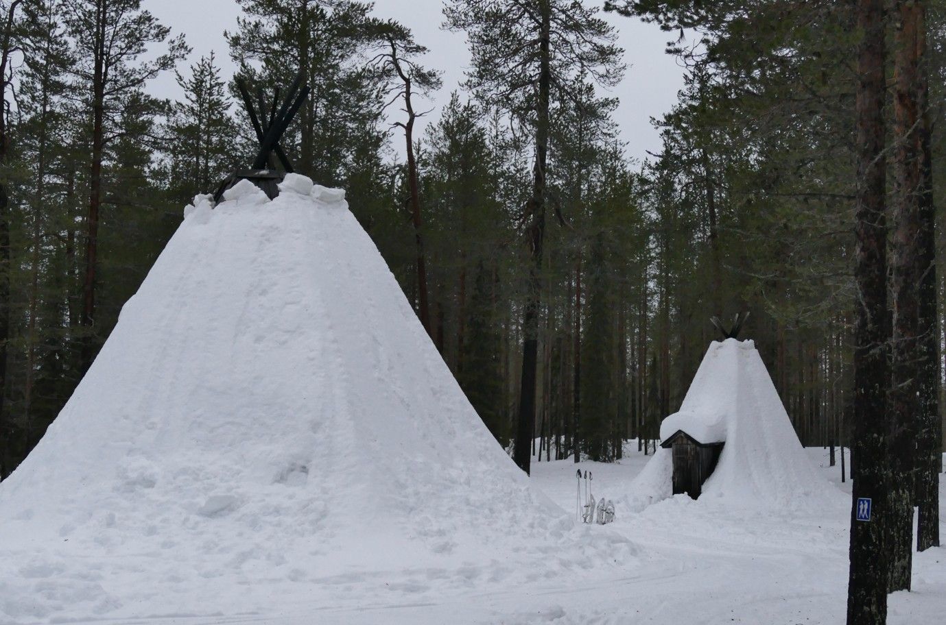 Twee met sneeuw bedekte tipi's in een besneeuwd bos.