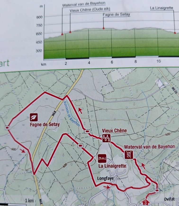 Een routekaart en hoogteprofiel voor een wandelroute in de buurt van Fagne de Setry, en Vieux Chêne en Bayehon.