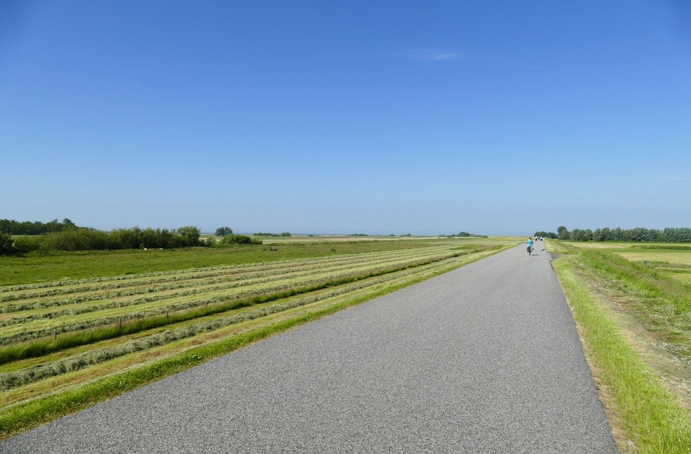 Een grindpad door groene velden onder een helderblauwe hemel. In de verte is een fietser te zien.
