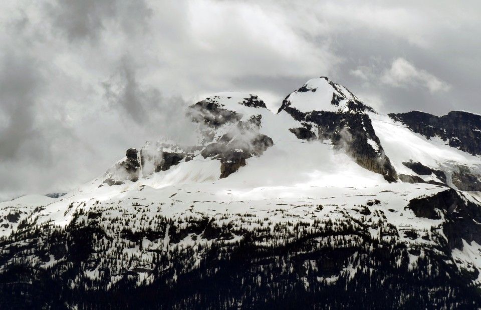 Besneeuwde bergtoppen onder een bewolkte hemel. Een donker bos bedekt de voet van de berg.