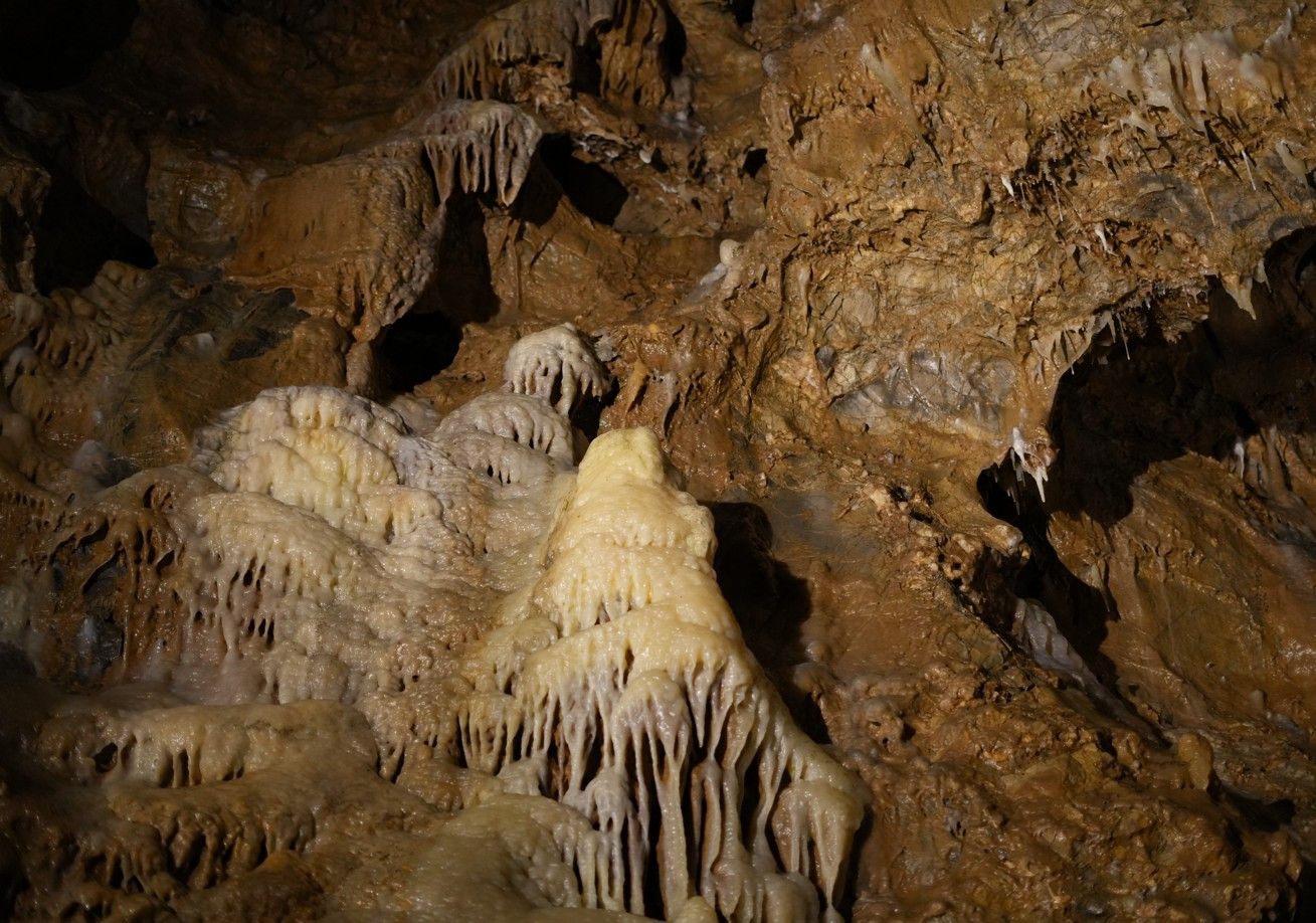 Binnenkant van de rotsgrot Dinant, met bruine stalactieten en stalagmieten.