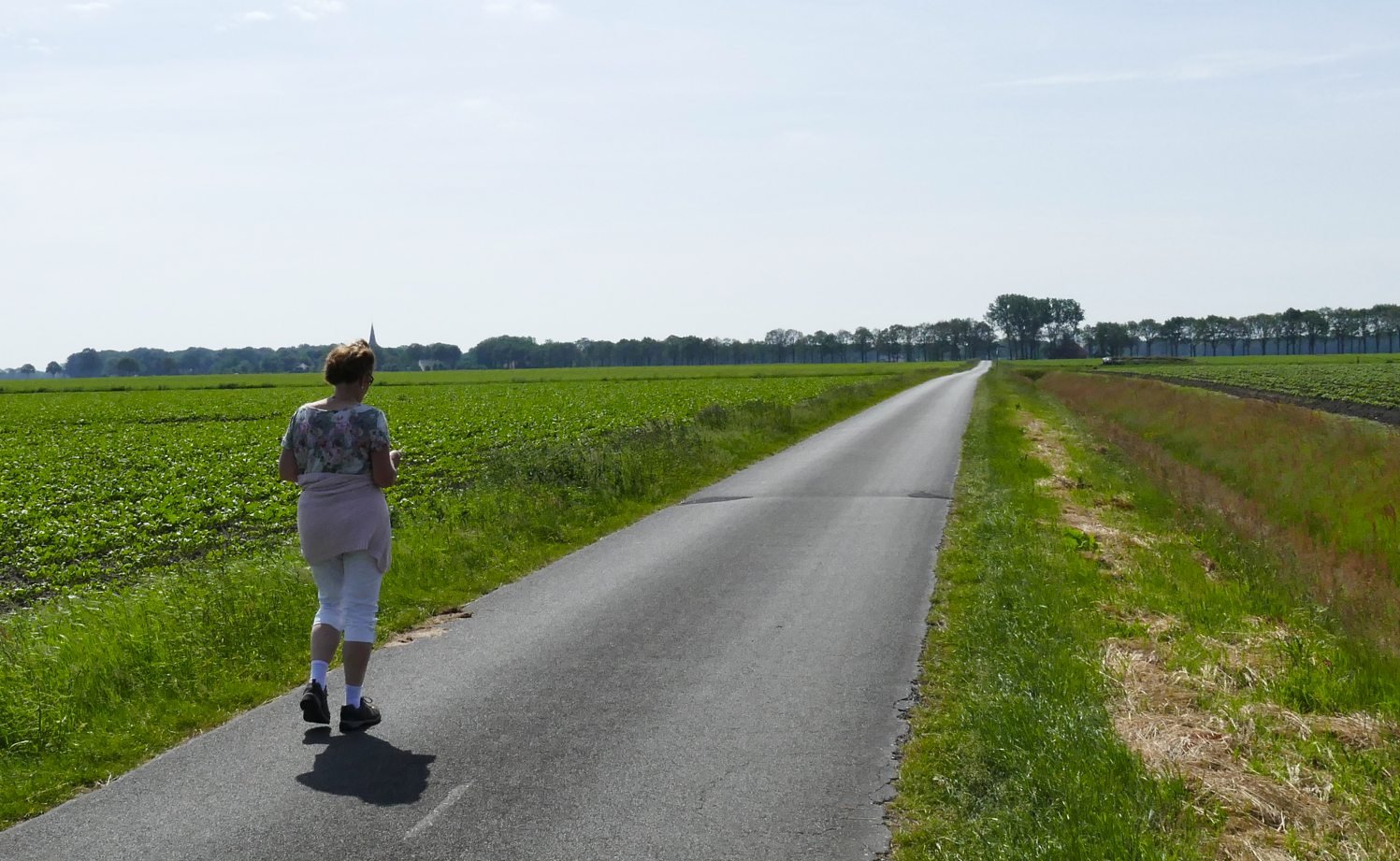 Een persoon loopt over een landweg door groene velden onder een heldere hemel.