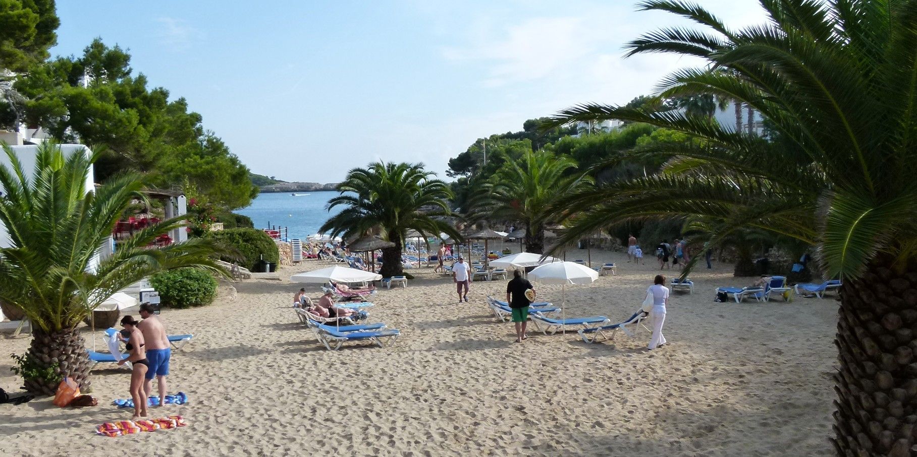 Strandscène met palmbomen, witte parasols en mensen op het zand, met de oceaan op de achtergrond.