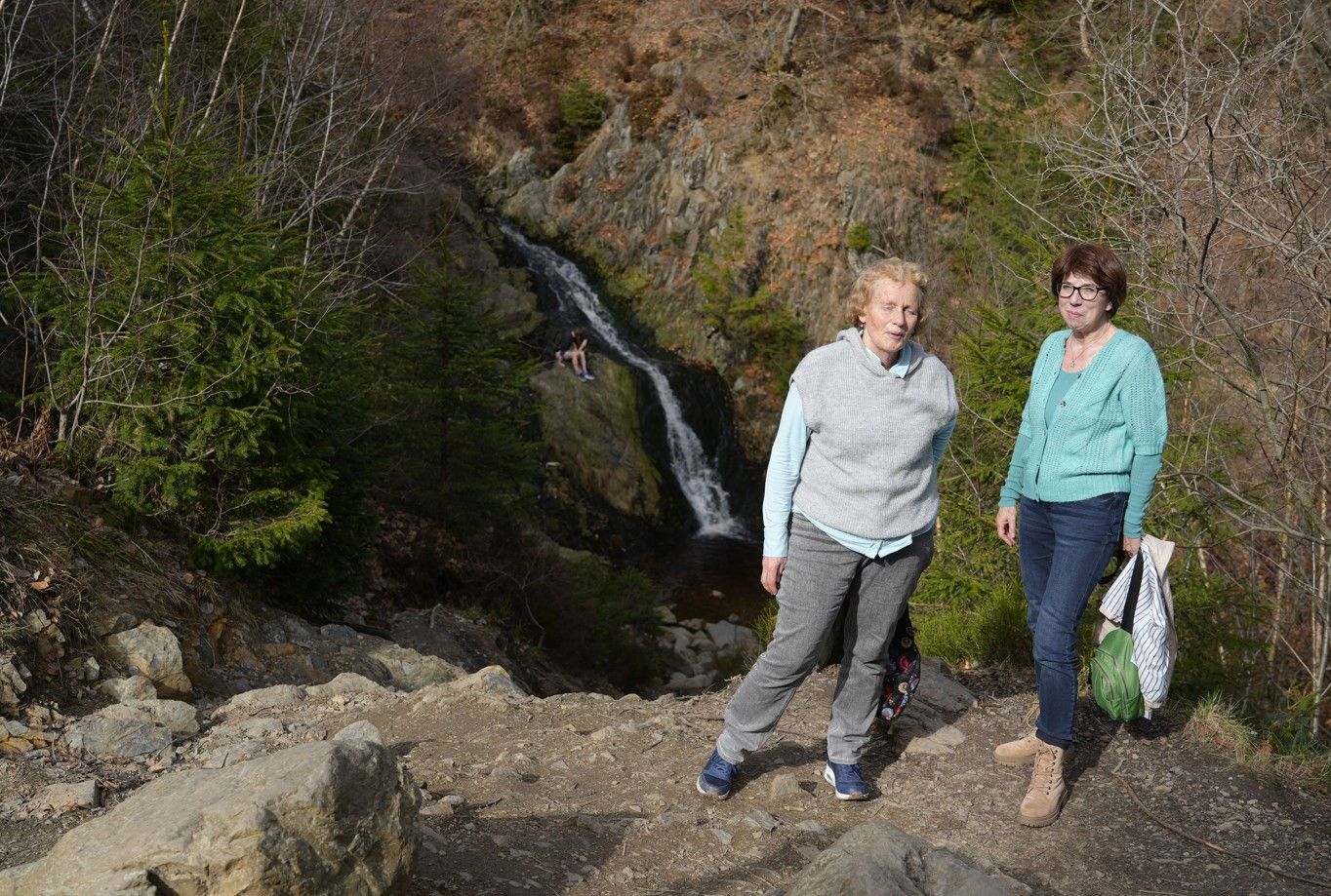 Twee mensen staan ​​op een rotsachtig uitkijkpunt, met een waterval en bos zichtbaar in de diepe kloof achter hen.