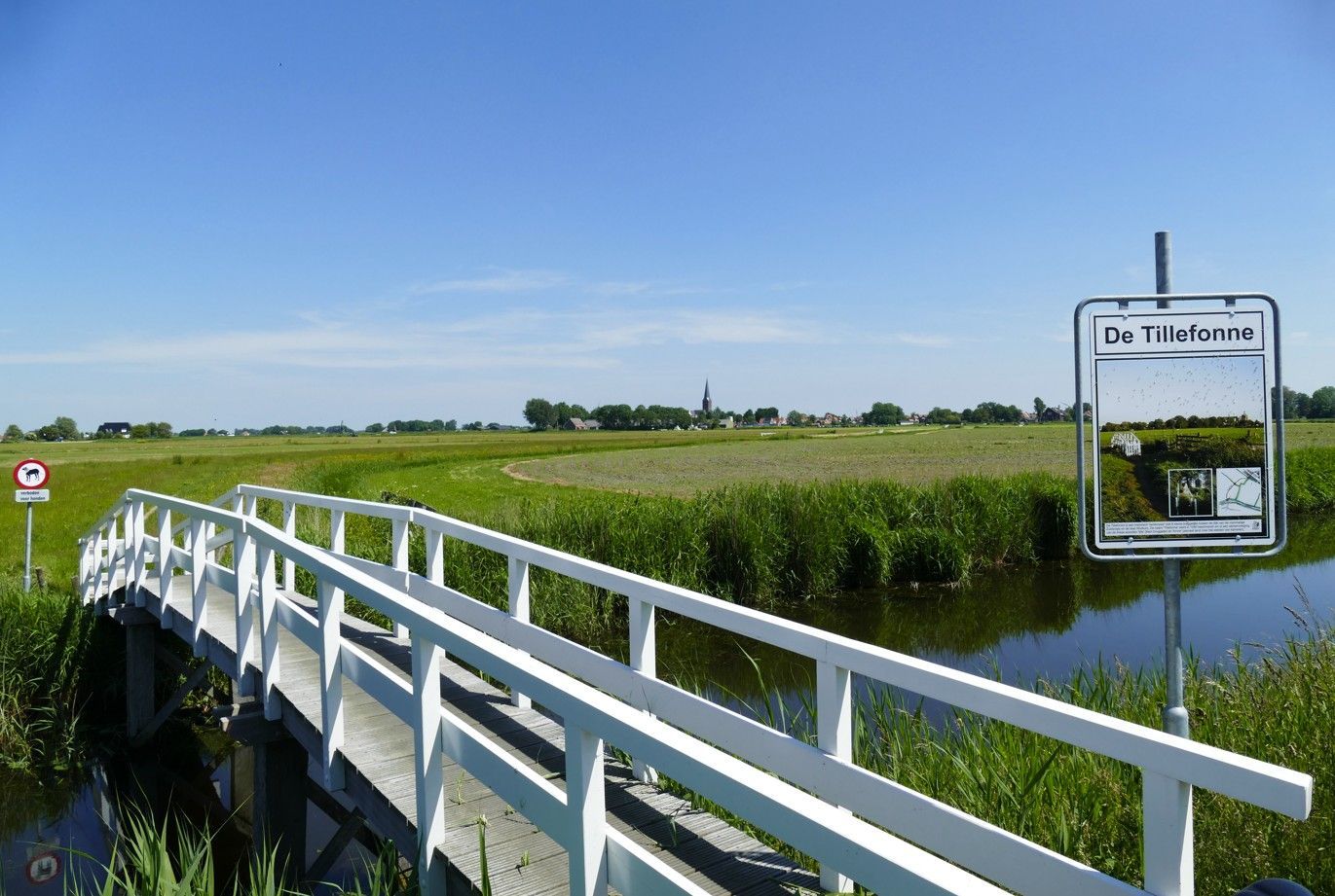 Witte brug over een kanaal in een groen veld, Nederlands platteland; bordje 'De Molen'.