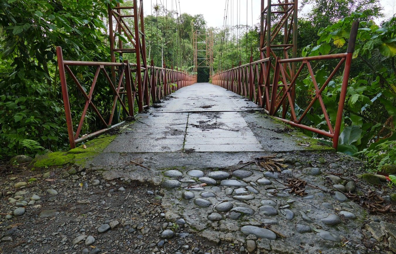 Een verweerde brug over een rotsachtig pad in een weelderig groen bos. Rode metalen steunpilaren en een betonnen brugdek.