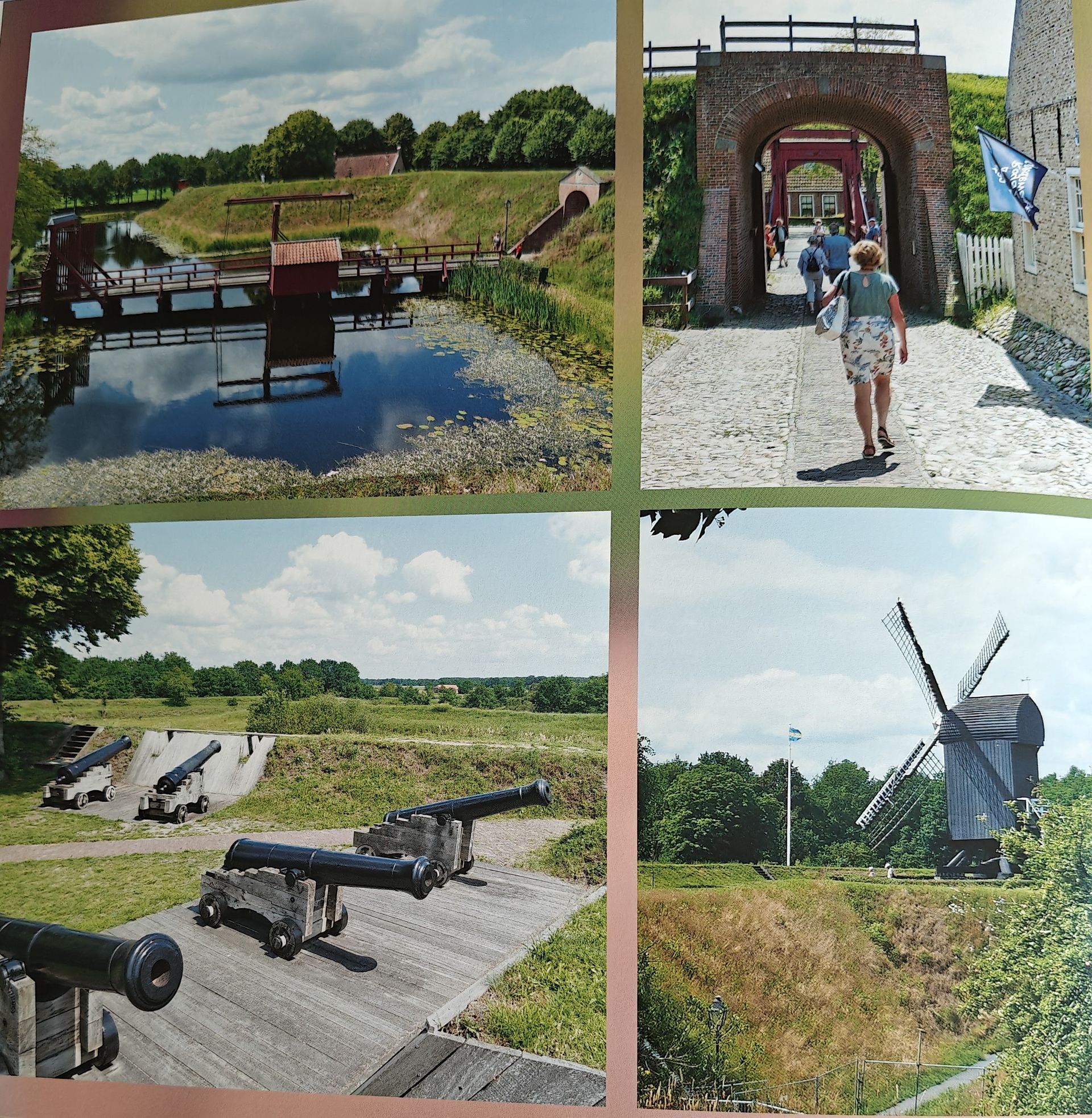 Vier sfeervolle shots: water met een sluis, een boogvormige ingang, kanonnen, een windmolen op een grashelling.
