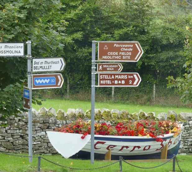 Wegwijzers voor een met bloemen versierde boot, die naar verschillende locaties wijzen.