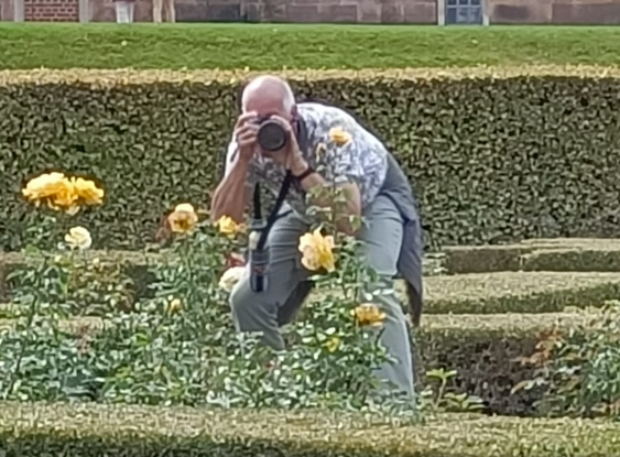 Een fotograaf hurkt in een bloementuin en richt zijn camera op gele bloemen.