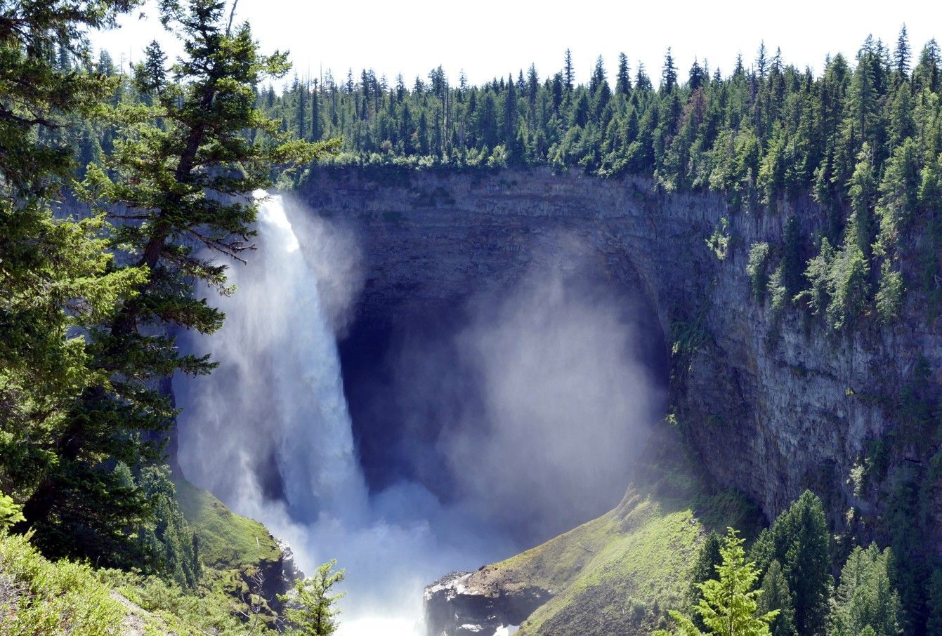 Een waterval die neerstort in een diepe, rotsachtige kloof, omgeven door groene bomen.