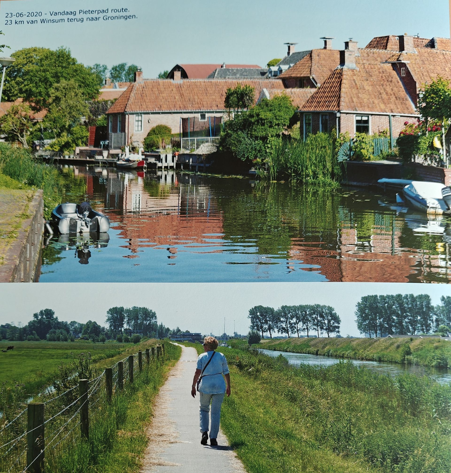 Boven: Kanaal met gebouwen met rode daken. Onder: Persoon die langs een pad naast een rivier loopt.