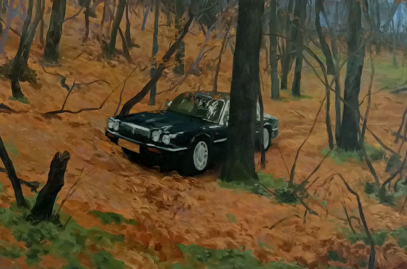 Een zwarte auto staat vast tegen een boom op een modderige, beboste helling met gevallen bladeren en kale takken.
