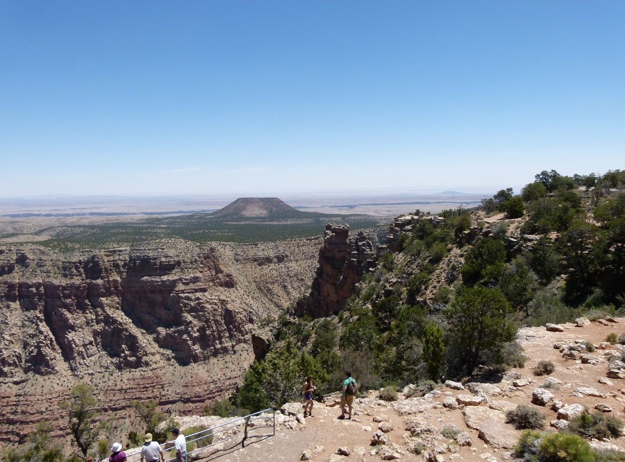 Uitzichtpunt in de Grand Canyon met mensen, bomen, een plateau in de verte en een blauwe lucht.