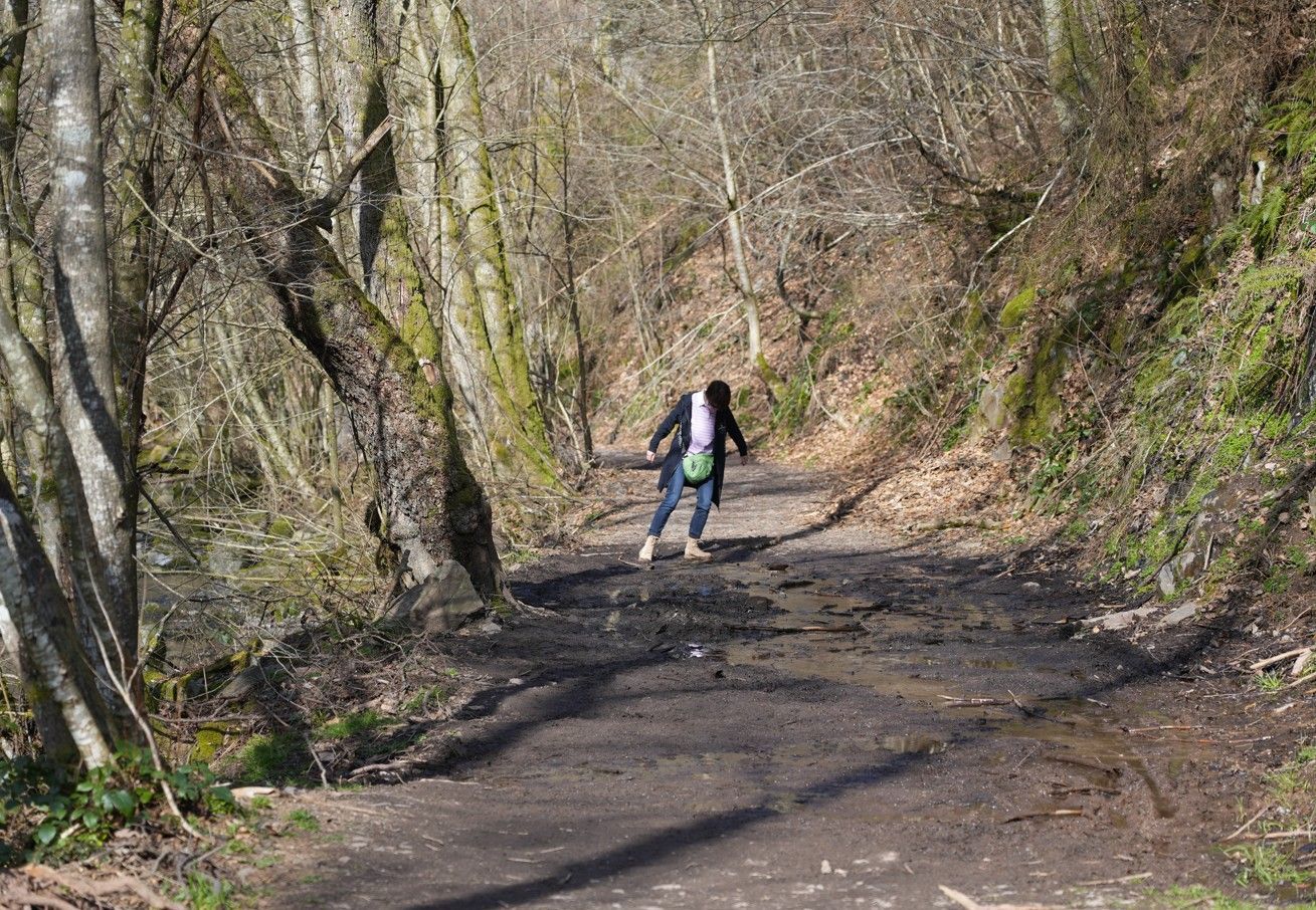 Iemand loopt over een modderig, met bladeren bedekt pad door een bosrijk gebied met kale bomen.