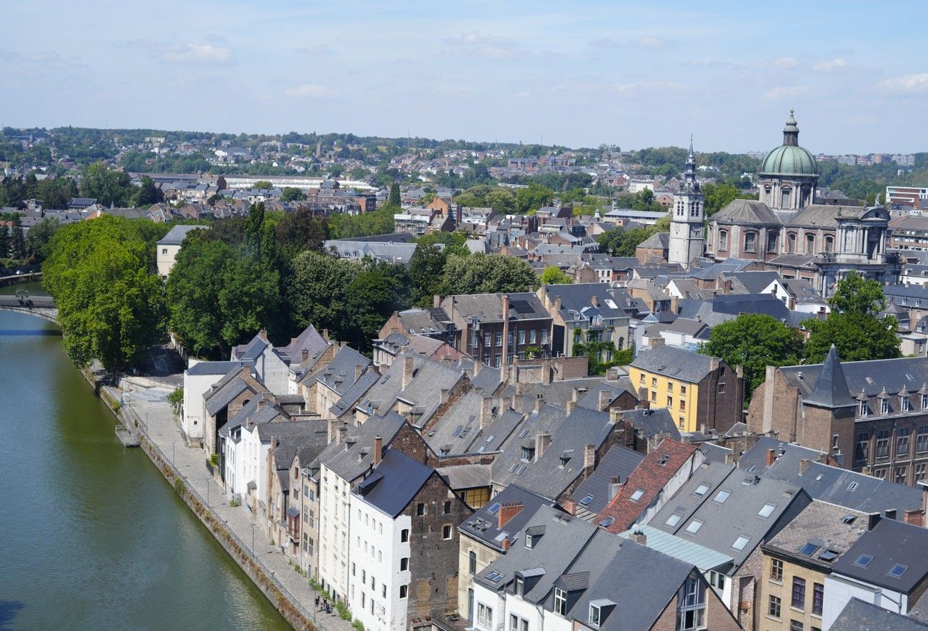 Een stadje aan de rivier met gebouwen met grijze daken, bomen en een kerk met een koepel onder een helderblauwe hemel.