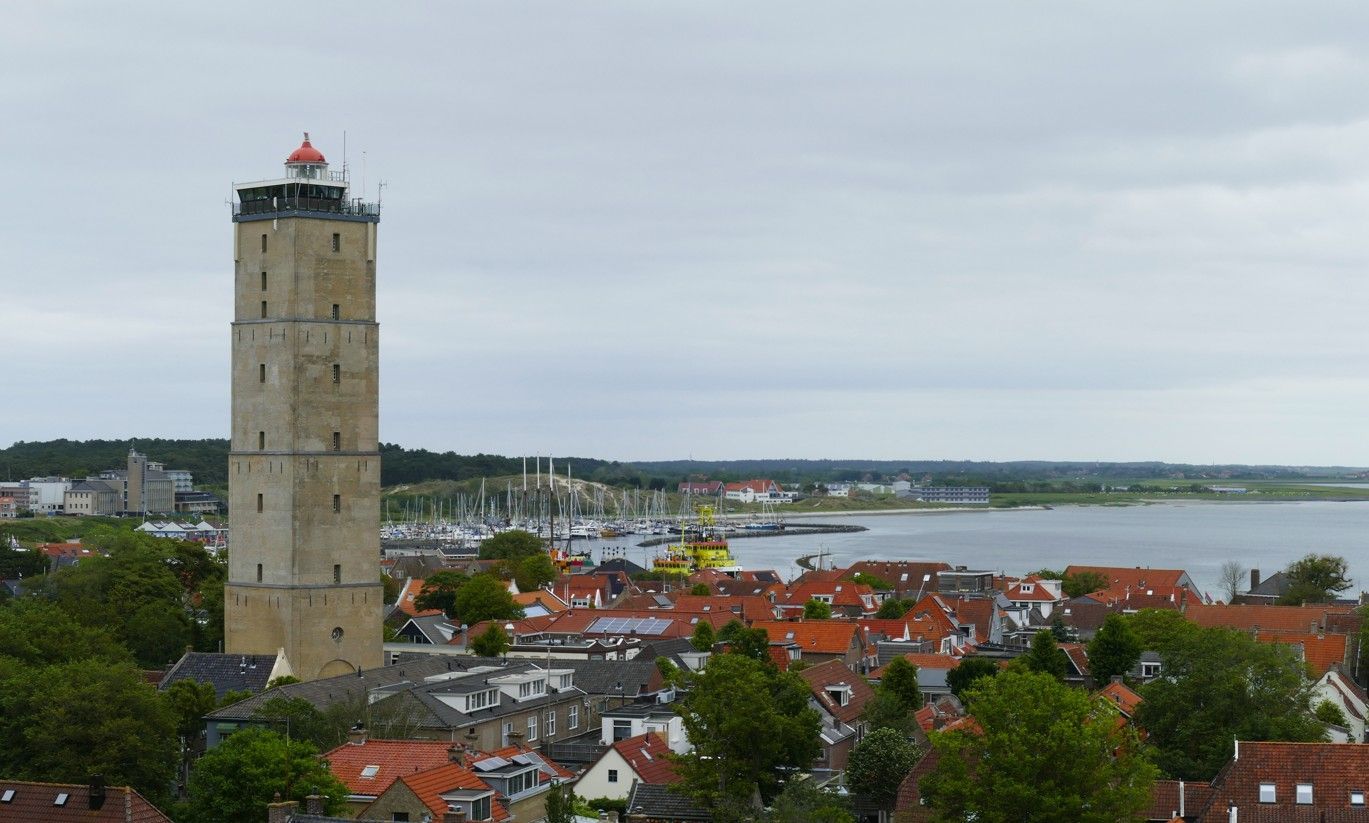 Een hoge stenen vuurtoren die uitkijkt over een kustplaats met gebouwen met rode daken en een haven op een bewolkte dag.