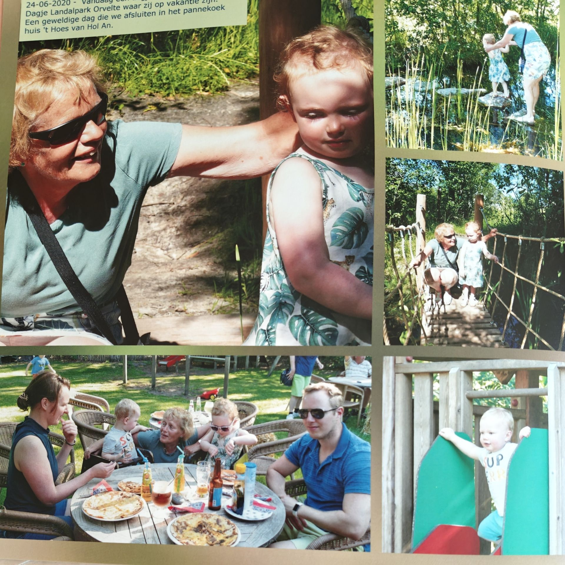 Collage van familiefoto's: mensen in de buitenlucht, met elkaar in gesprek en aan het spelen.