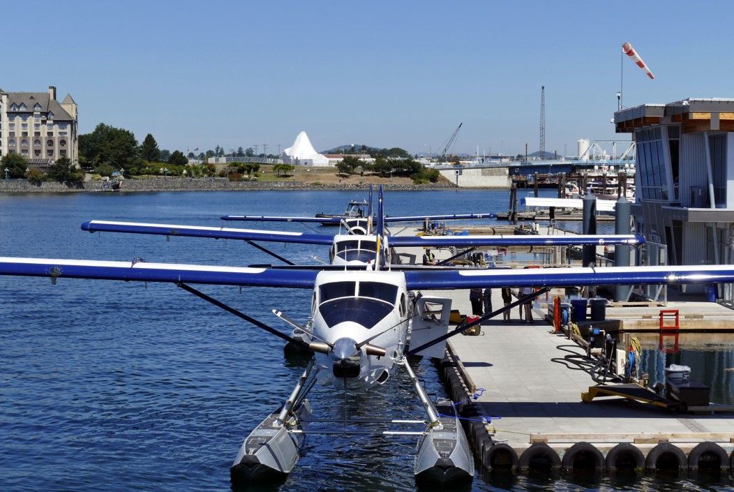 Watervliegtuigen aangemeerd in een haven, blauw-witte toestellen, zonnige dag.