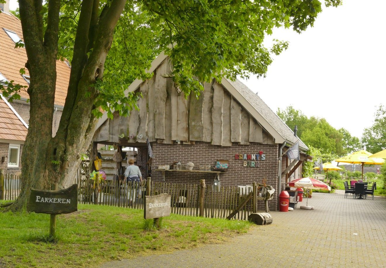 Verweerde houten schuur met bakstenen fundering, boom op de voorgrond. Persoon zichtbaar binnenin. 
