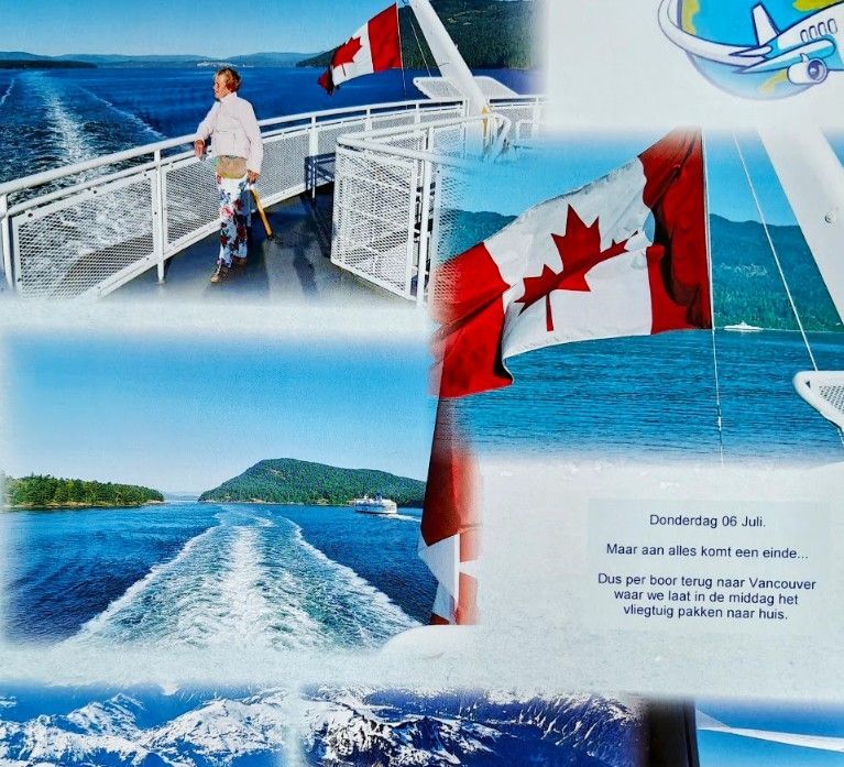 Canadese vlaggen met uitzicht op water en een veerboot, tekst in het Nederlands.