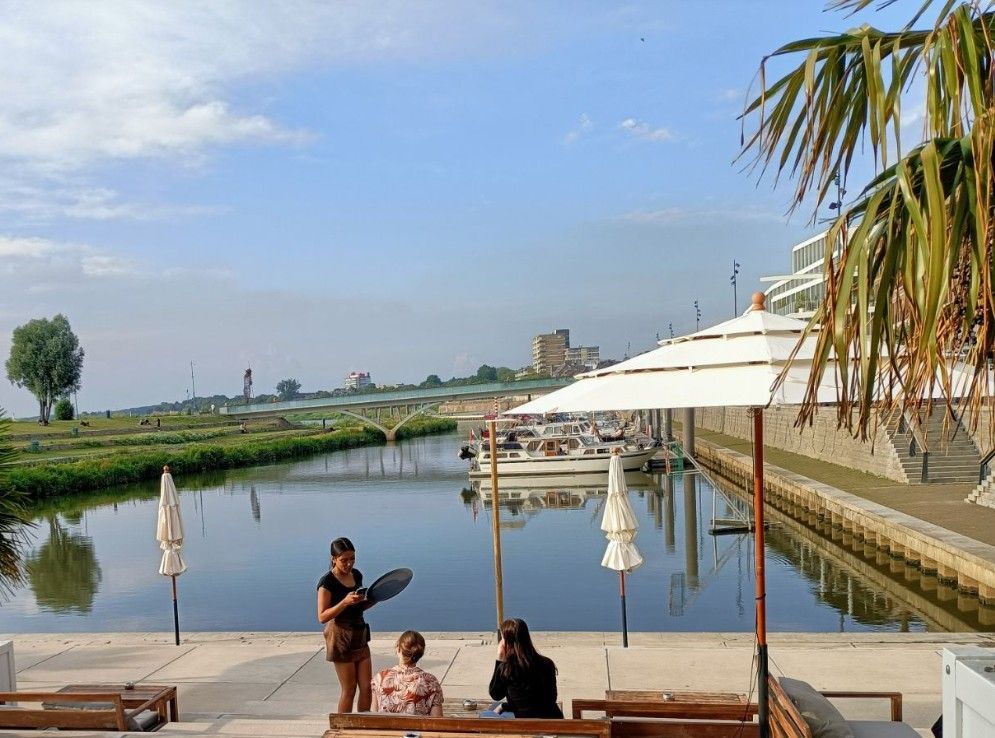 Een terras aan het water met mensen aan tafels, een palmboom, water, boten en een brug in de verte.