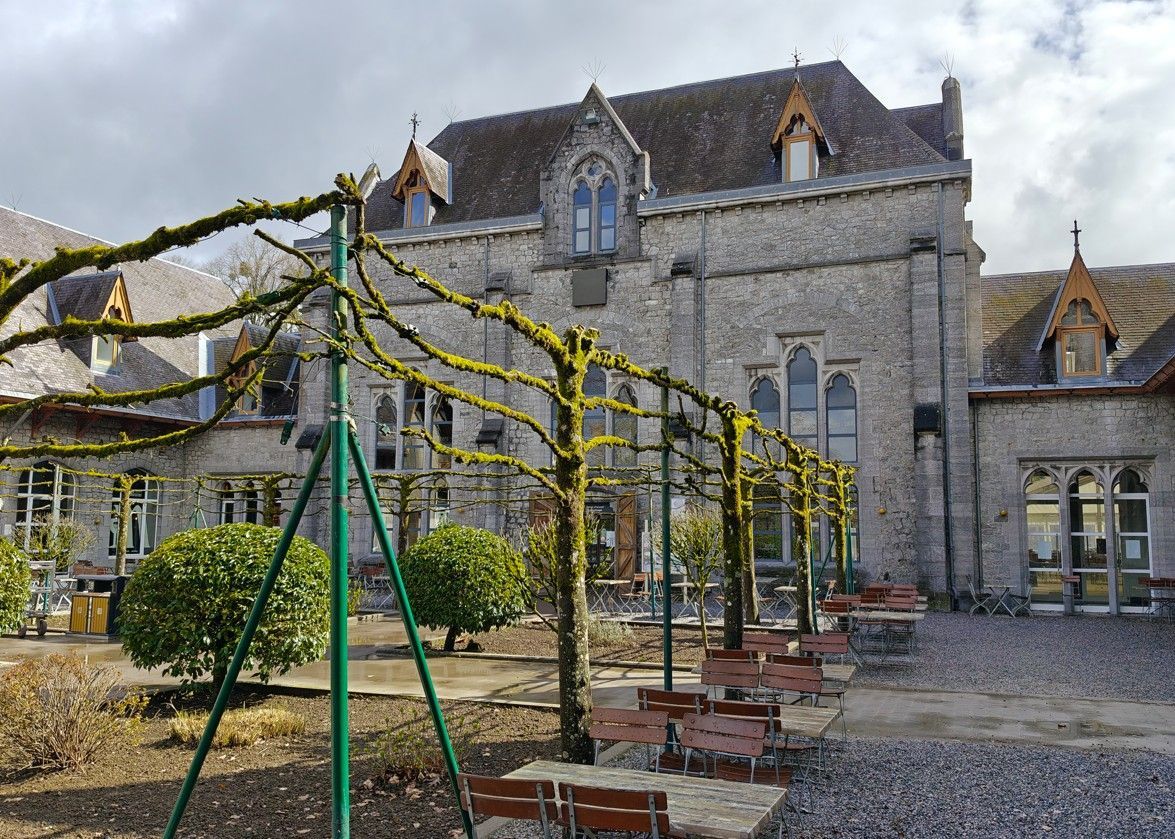 Een stenen binnenplaats van een historisch gebouw met gesnoeide bomen op pergola's, zitgelegenheid buiten en een grindvloer.