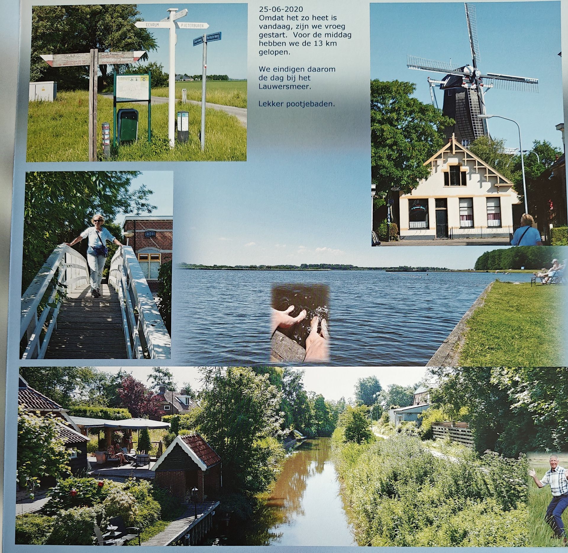 Collage van scènes uit het Nederlandse platteland: windmolens, kanaal, bruggen, water, borden en gebouwen.
