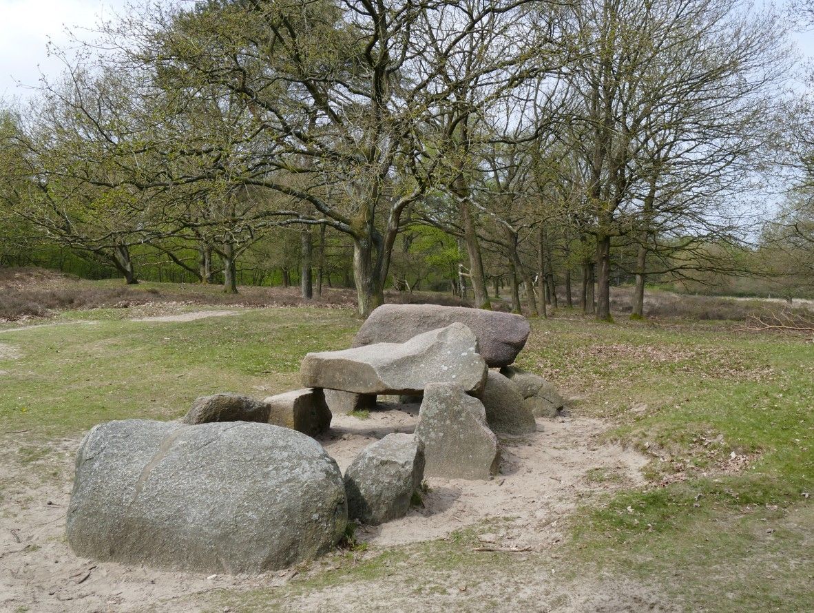 Stenen dolmen in een grasveld met bomen op de achtergrond.