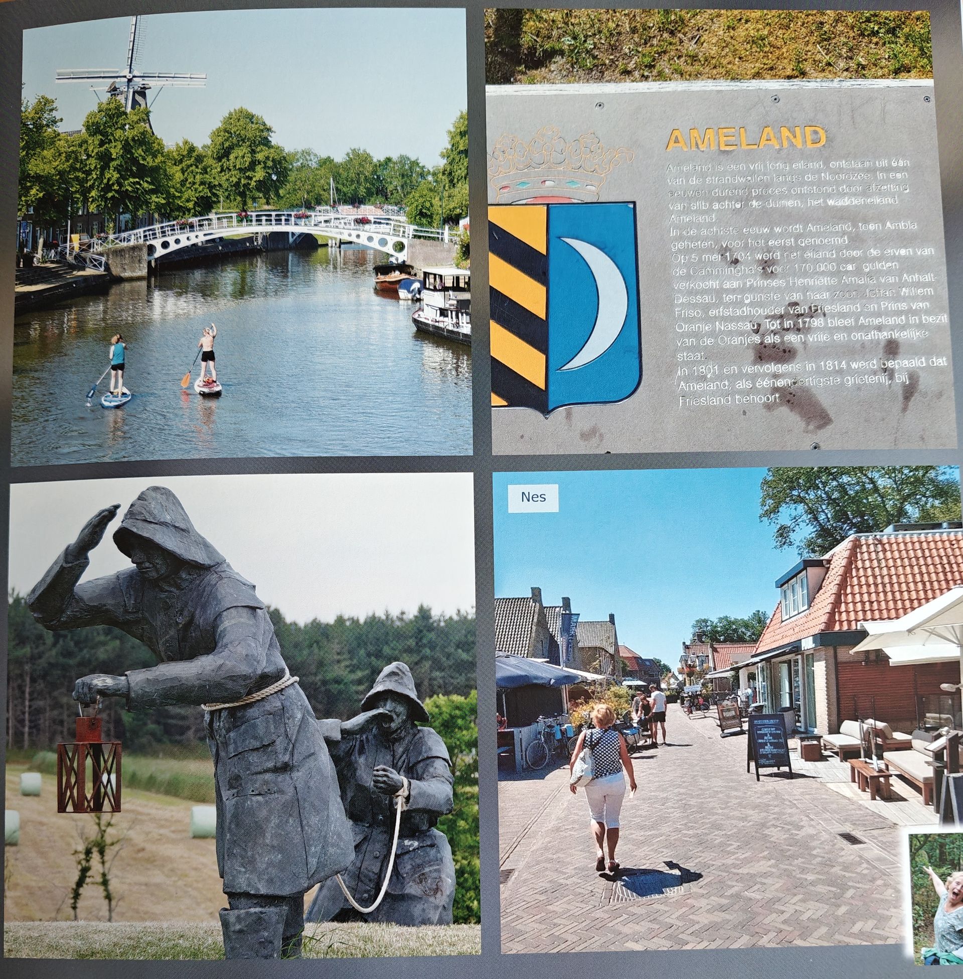 Vier afbeeldingen: kanaal met paddleboarders, Ameland-bord met wapen, beelden van vissers, straat met winkels.