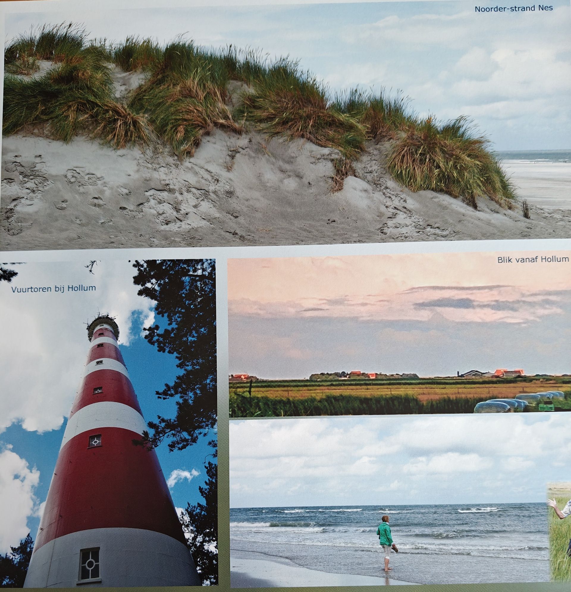 Kusttaferelen: zandduin met gras, rood-witte vuurtoren, zonsondergang boven velden, iemand die in zee waadt.