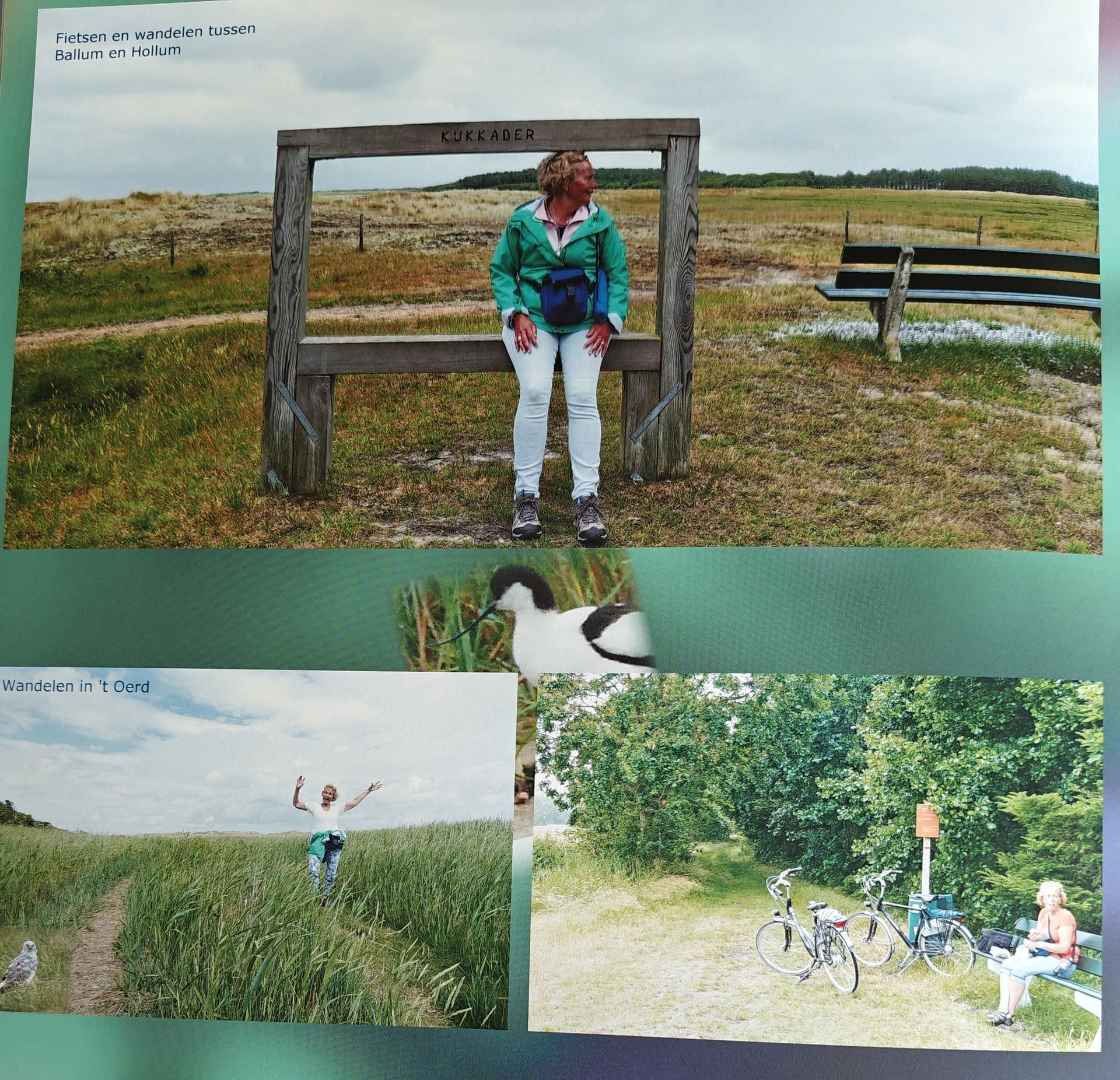 Vrouw poseert in een houten frame in een grasveld. Andere foto's tonen een tarweveld en fietsen.