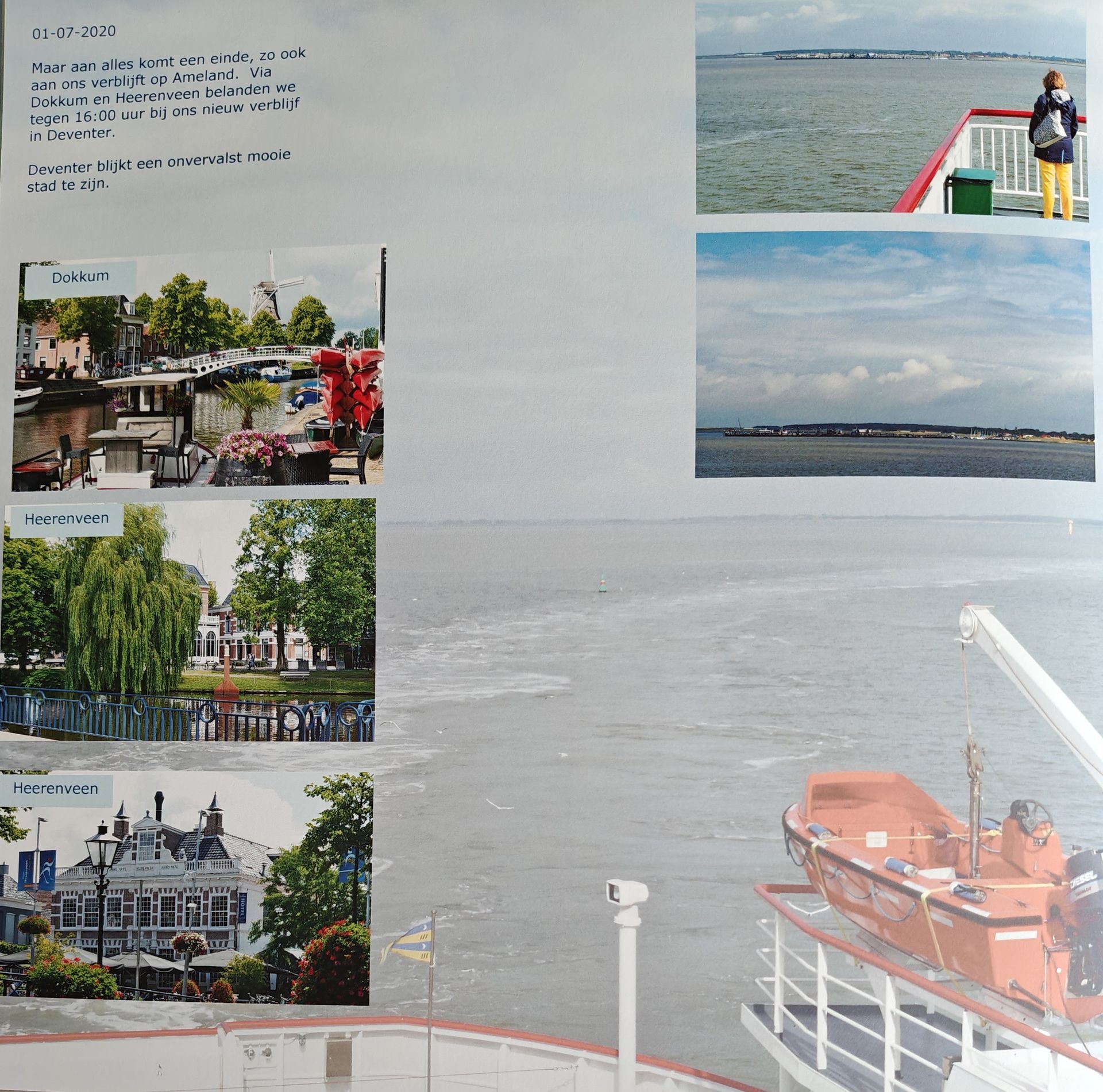 Foto's gemaakt tijdens een boottocht. Beelden van steden en water, met een persoon die op het dek staat.