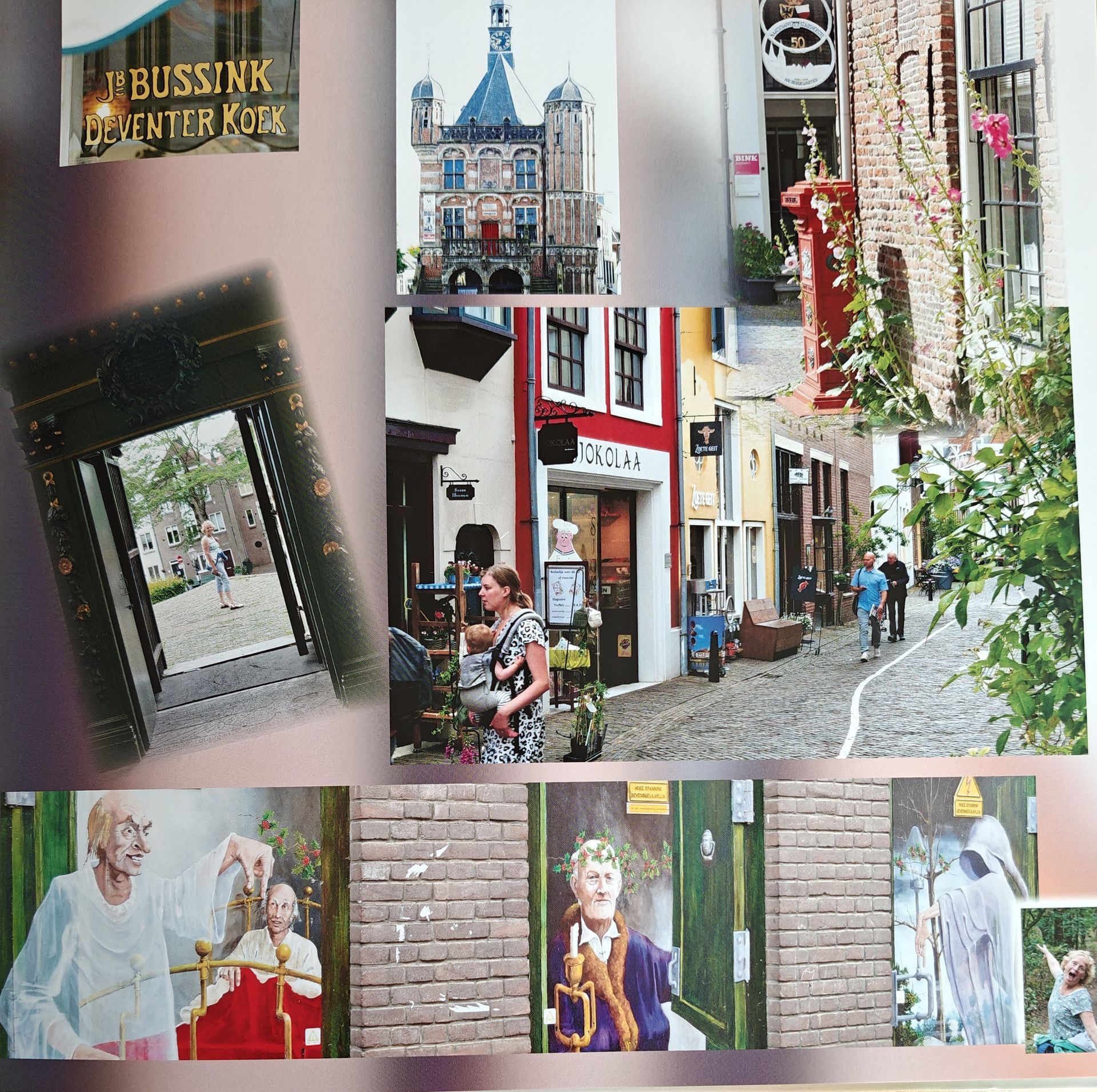 Collage: Nederlandse gebouwen, geplaveide straten, mensen en kunstwerken met figuren.