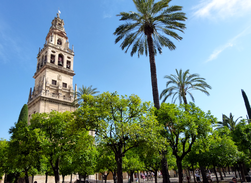 De klokkentoren van de moskee-kathedraal van Córdoba, Spanje, met palmbomen en sinaasappelbomen tegen een blauwe hemel.