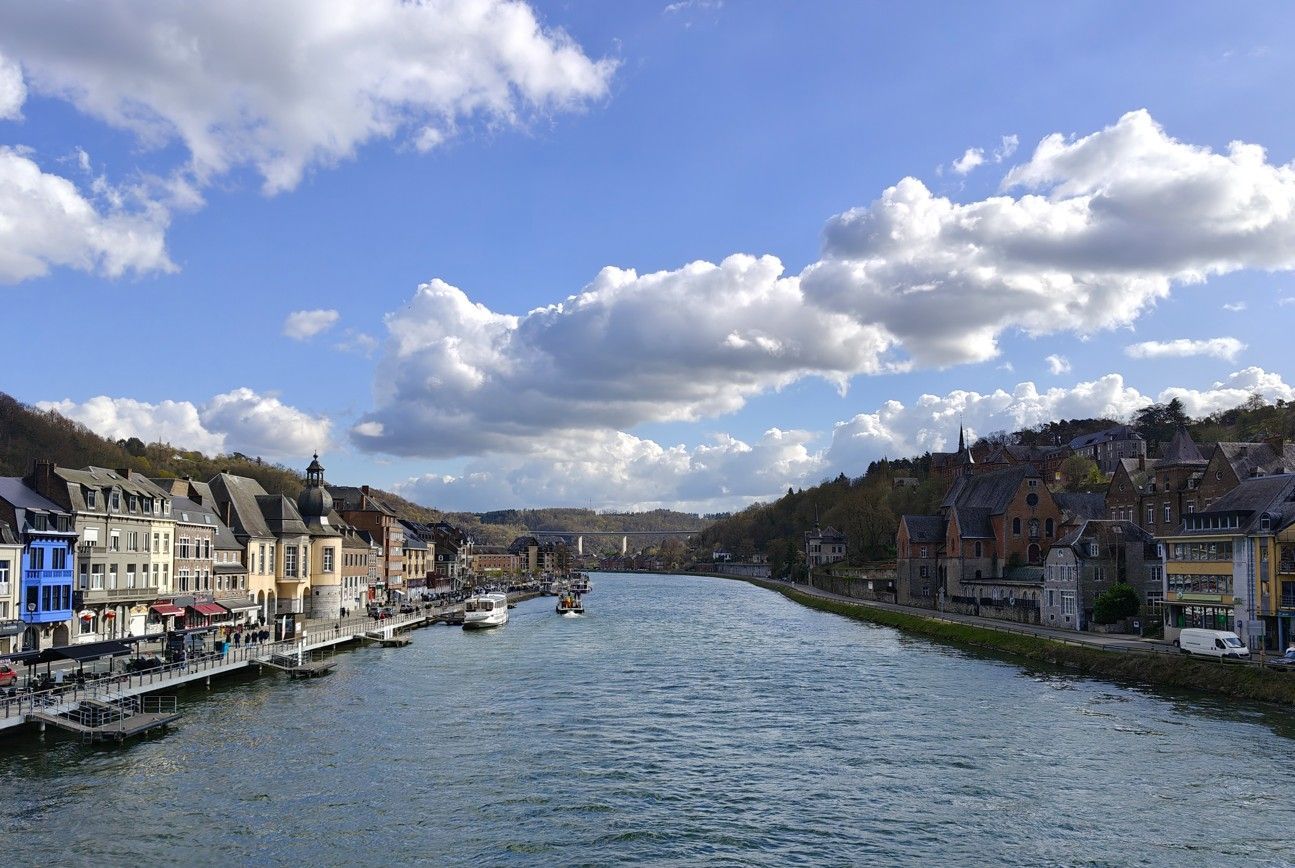 Een rivier stroomt door het historische stadje Dinant in België, omzoomd door kleurrijke gebouwen en heuvels.
