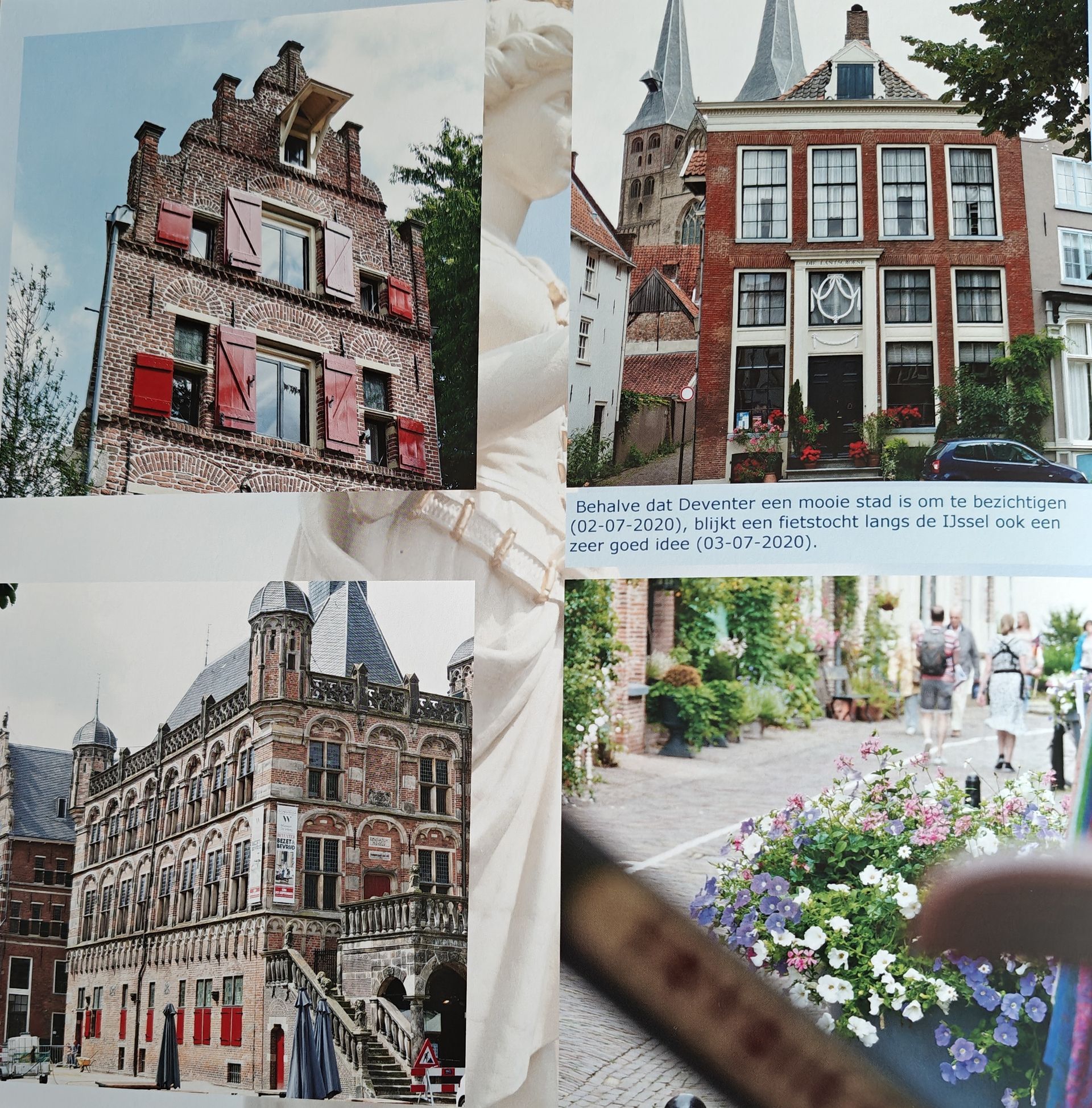 Collage van Nederlandse gebouwen en straatbeelden; metselwerk, luiken, bloemen en voetgangers.
