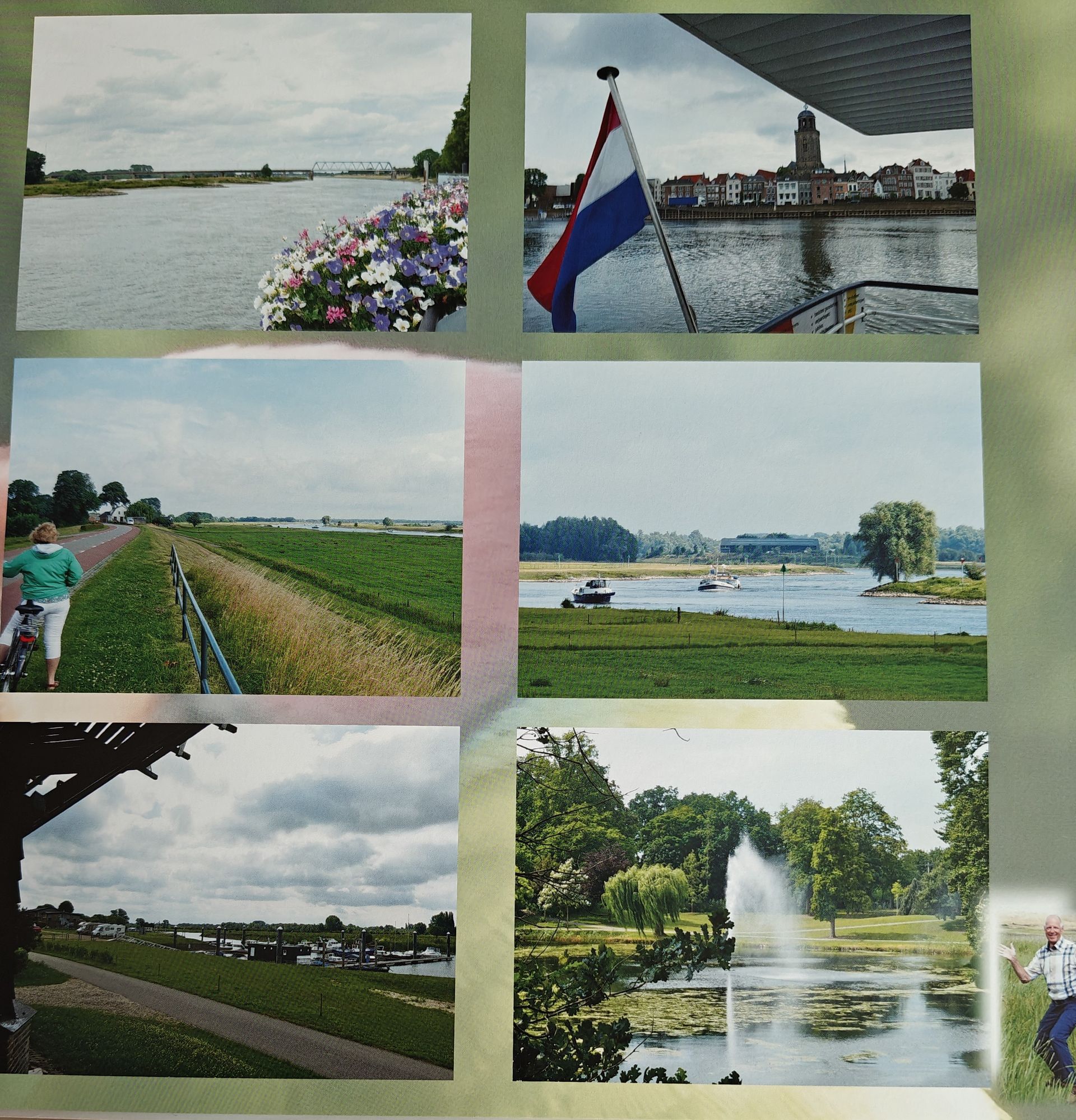Collage van rivier- en landschapsscènes met een Nederlandse vlag, een fietser en een fontein.