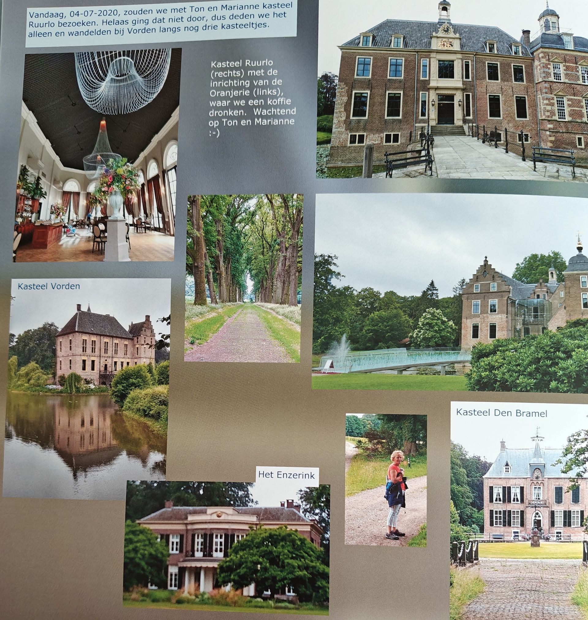 Collage van foto's: kastelen, tuinen, een persoon en een rijk versierd interieur. Voornamelijk buiten met groen.