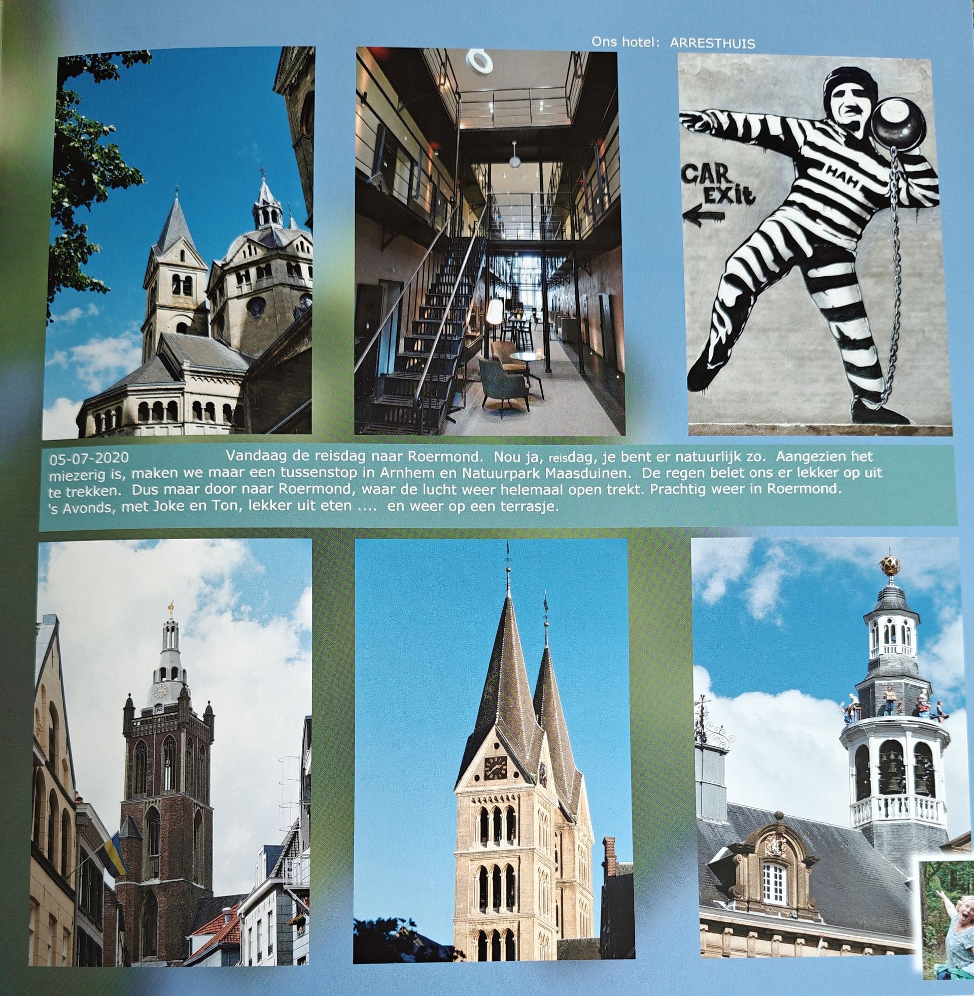 Collage van zes architectuurfoto's: kerktorens, bibliotheekinterieur en kunst in een gevangenis.