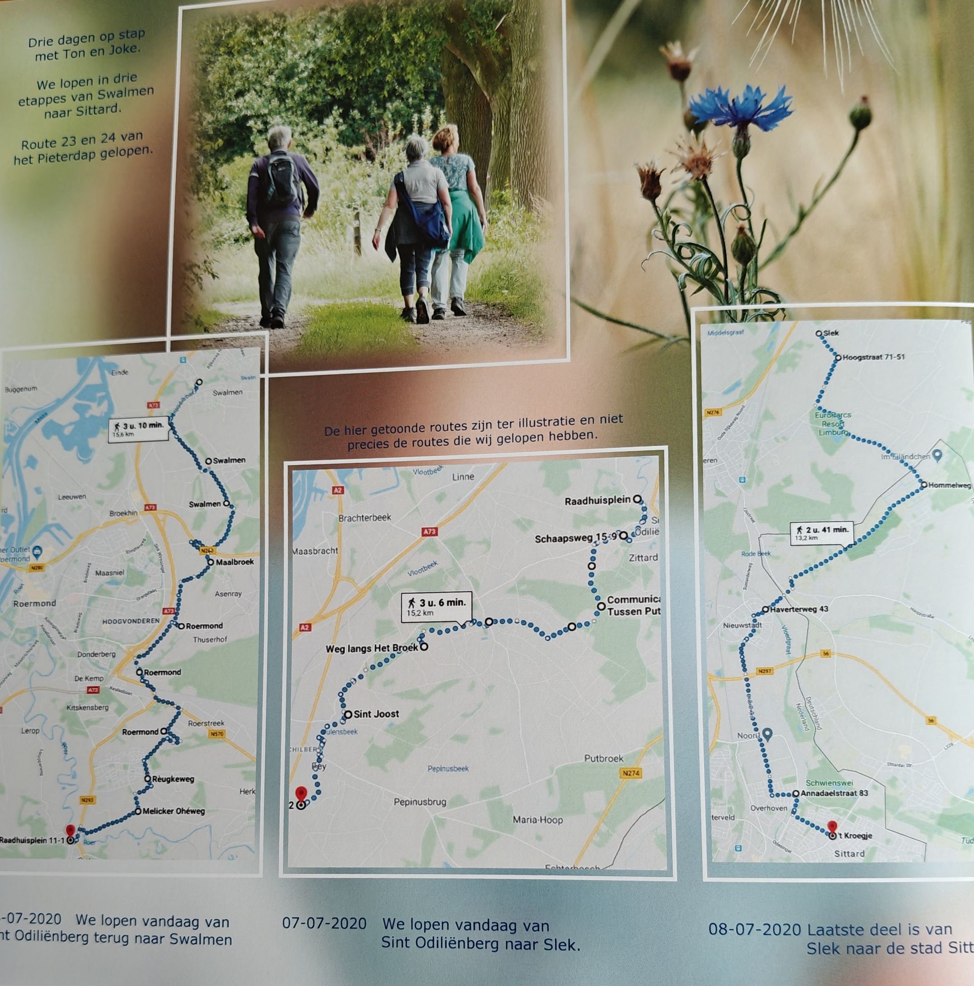 Mensen die wandelen op een pad, kaarten van wandelroutes en bloemen op een decoratief paneel.