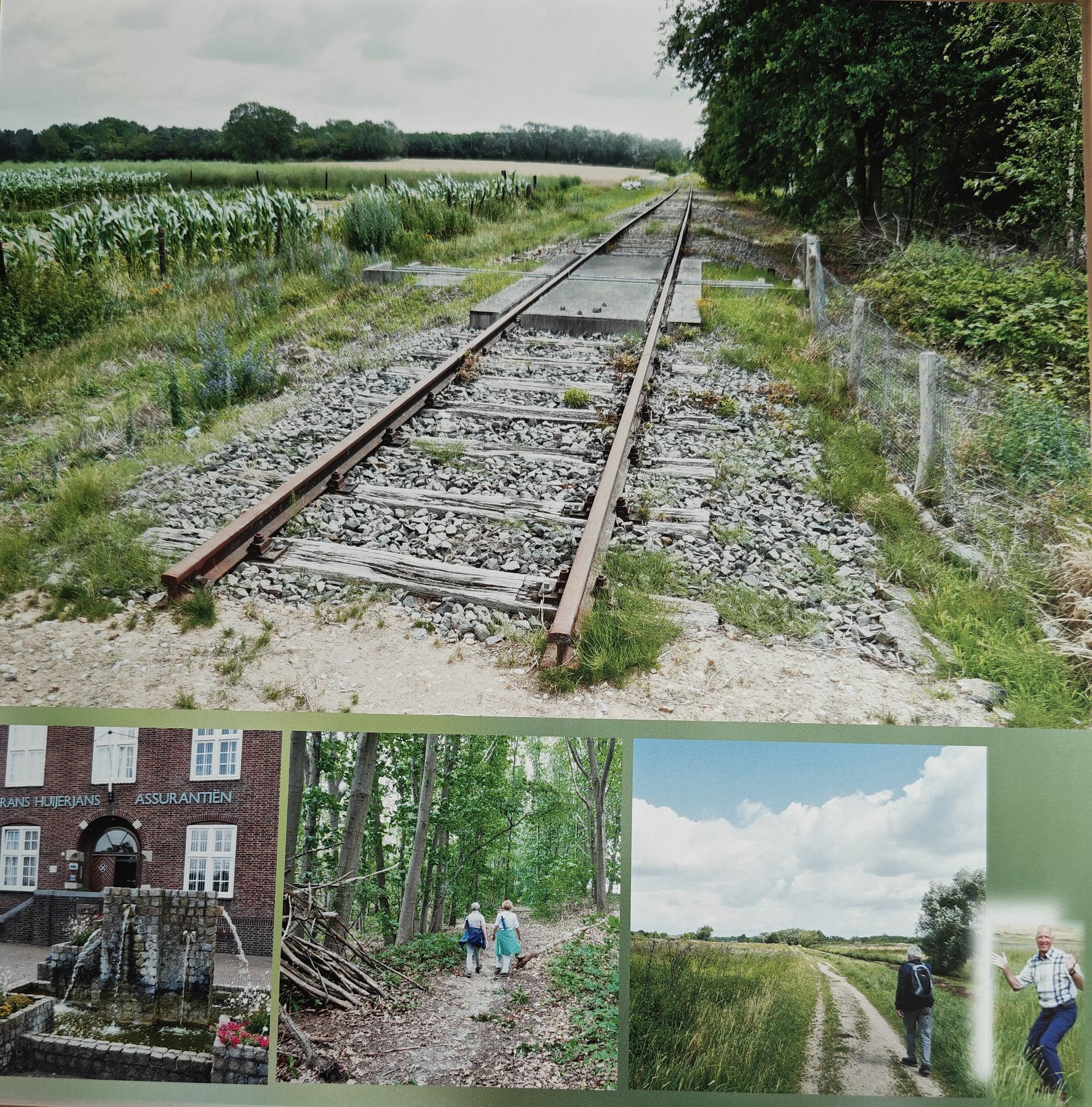 Oude spoorrails in een veld, met een bos en mensen op een pad.