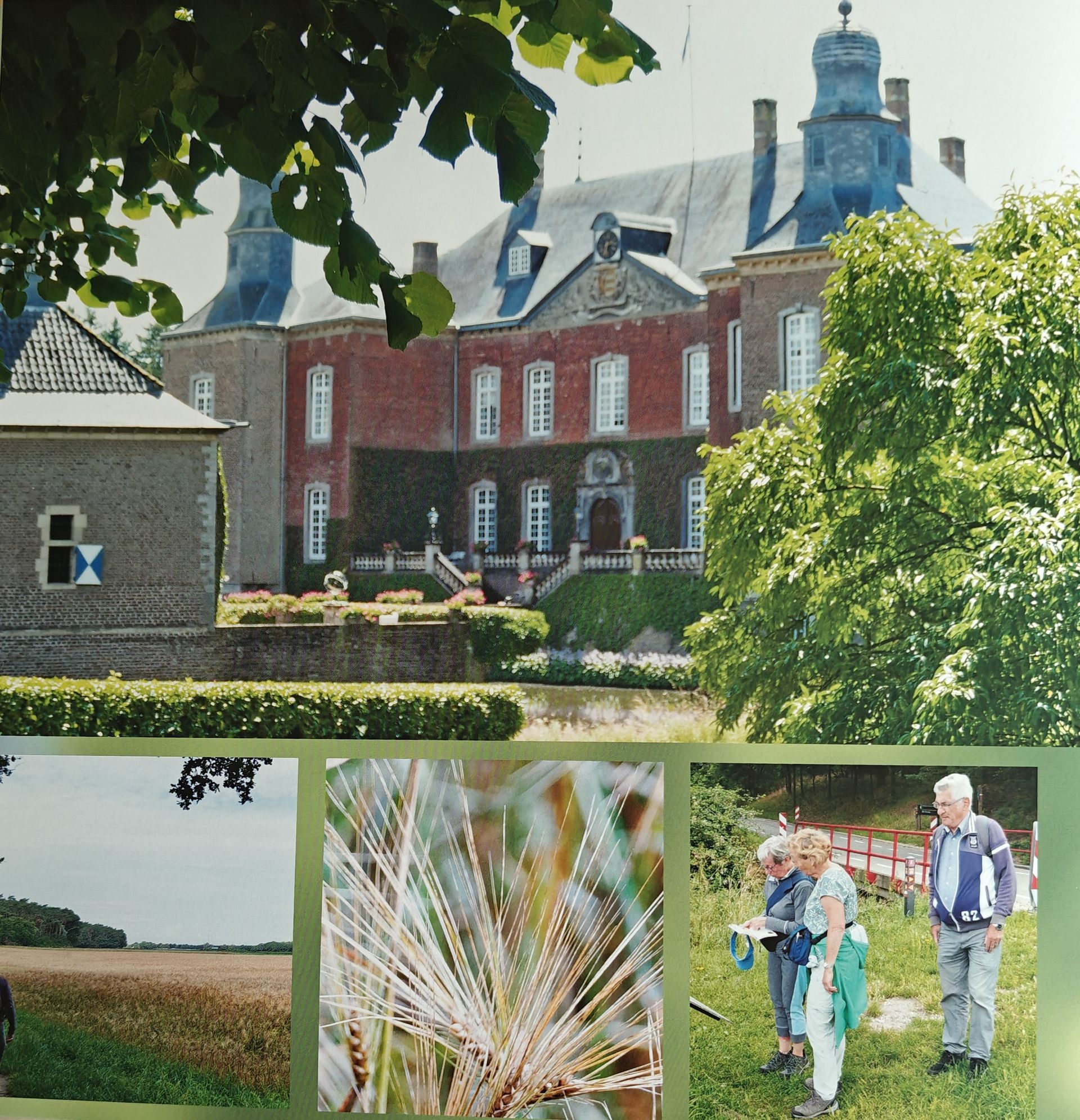 Kasteel omgeven door tuinen en een vijver. Ingevoegde foto's tonen tarwe, landschap en mensen.