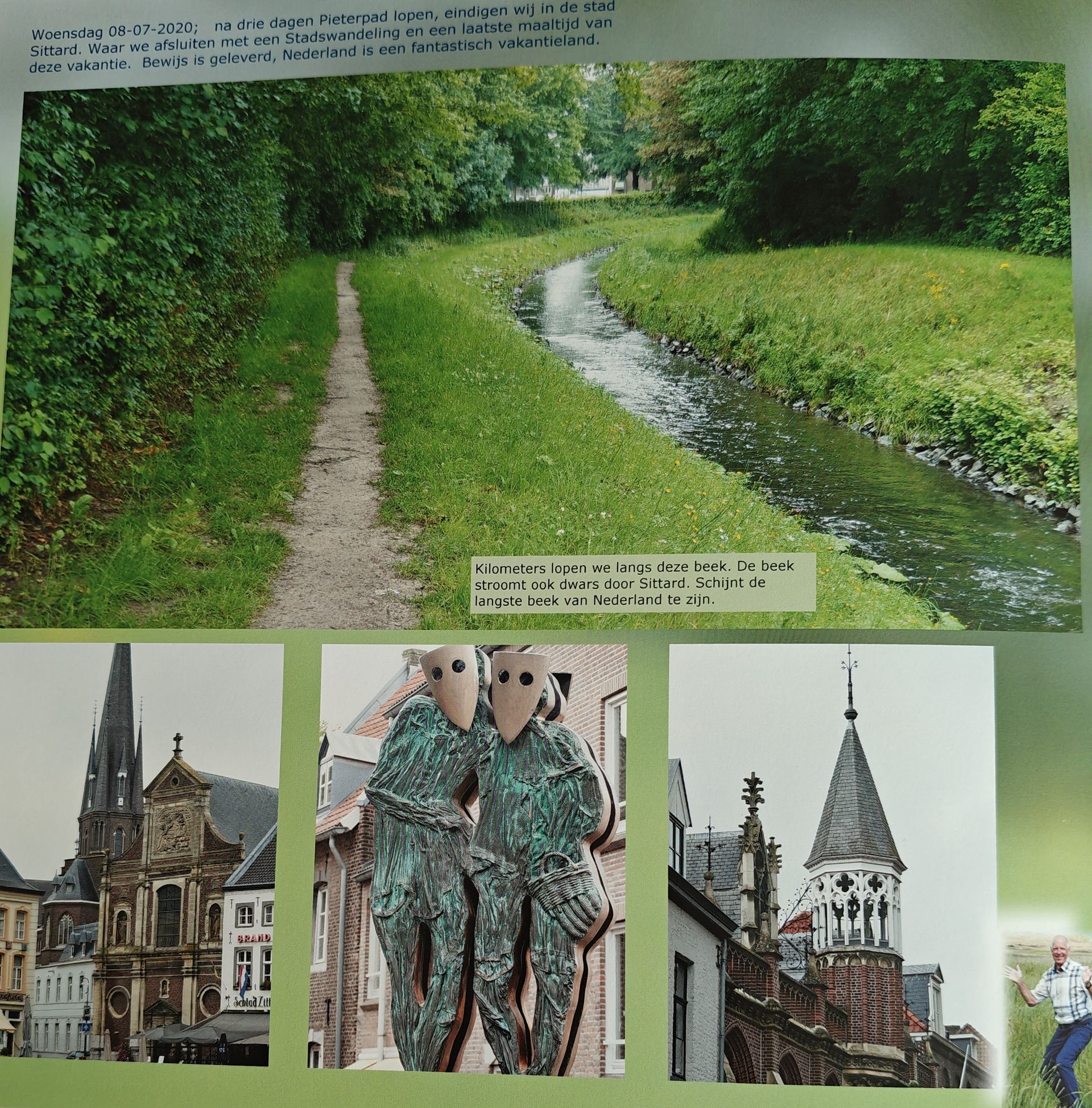 Boven: Pad langs de beek, geflankeerd door gras en bomen. Onder: Architectonische details en een standbeeld.