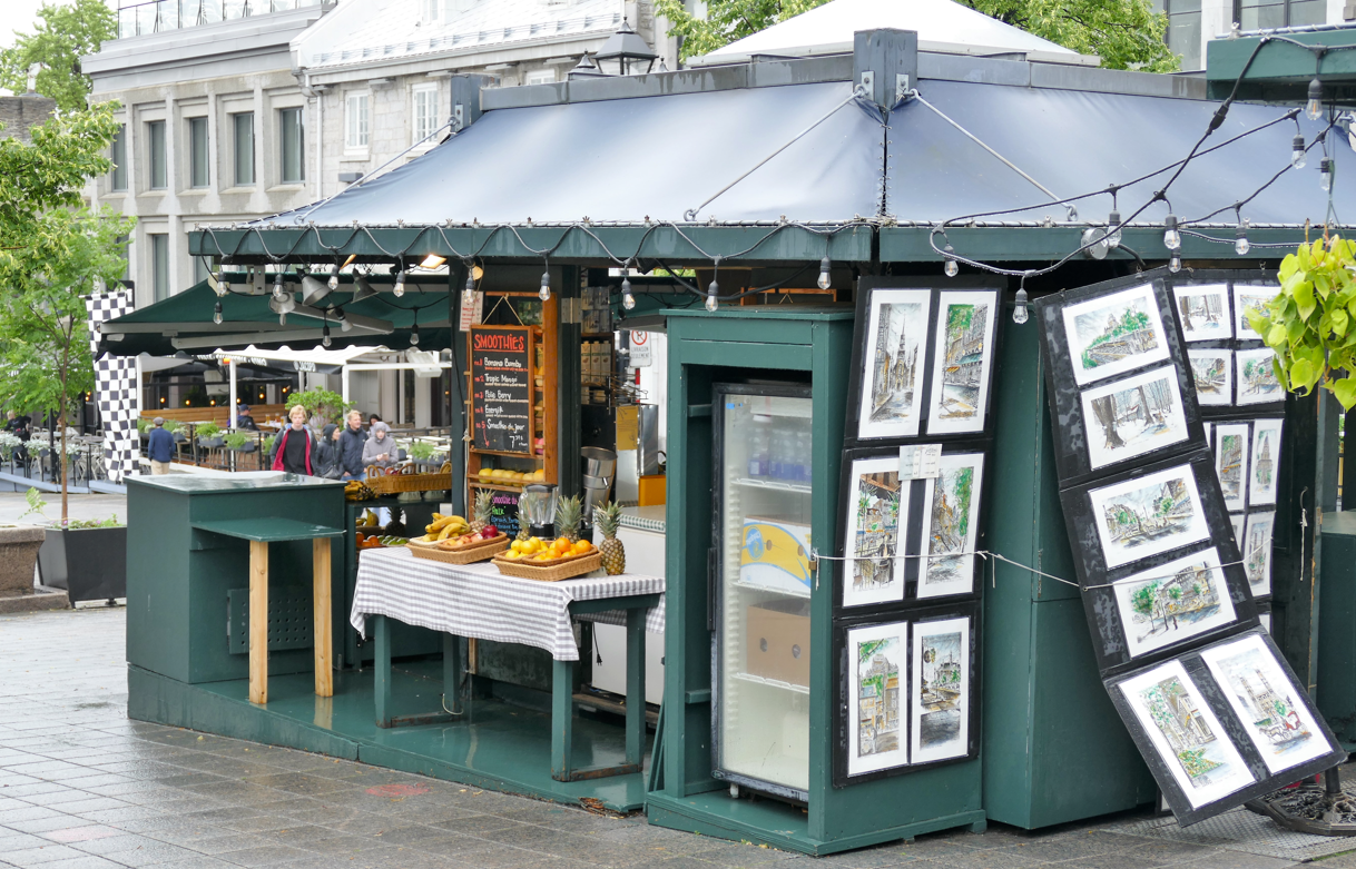 Groene buitenwinkel met eten en kunst. Donker dak, kunstwerken tentoongesteld en een koelkast.