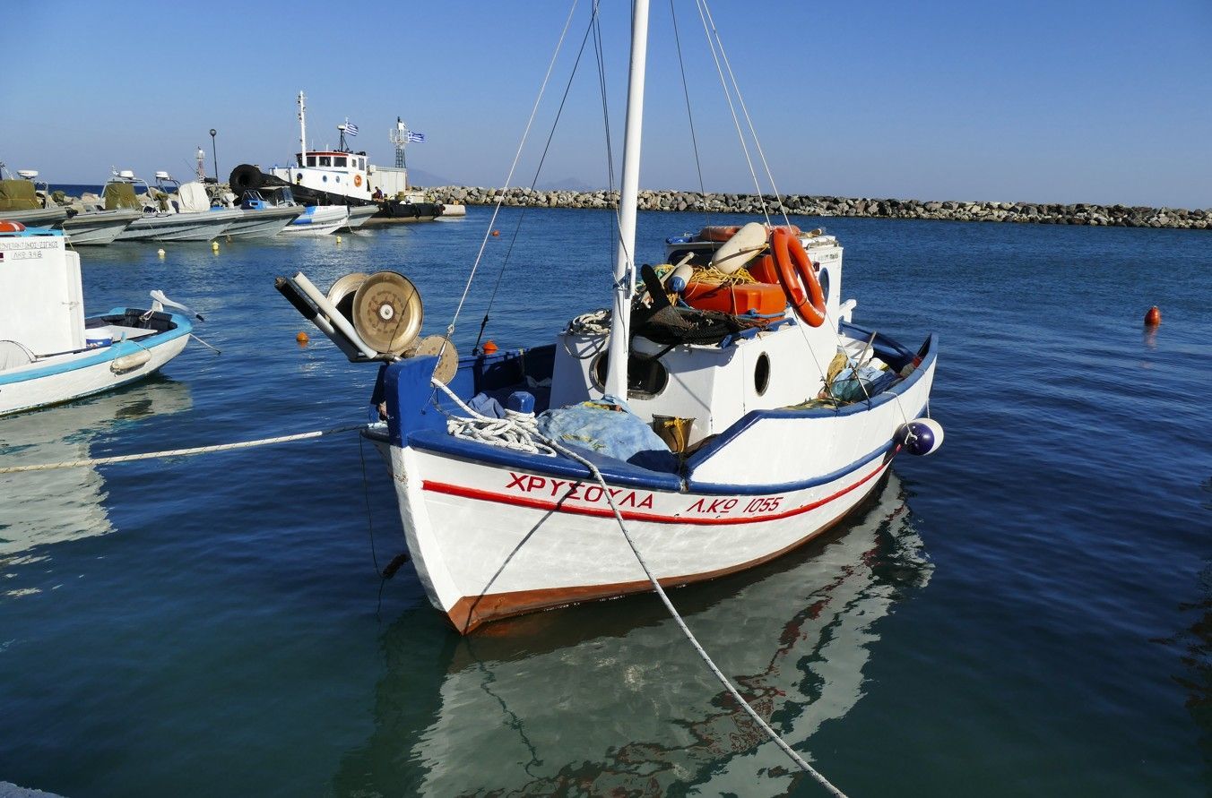Een witte vissersboot met blauwe accenten drijft in de haven, met andere boten en een golfbreker op de achtergrond.
