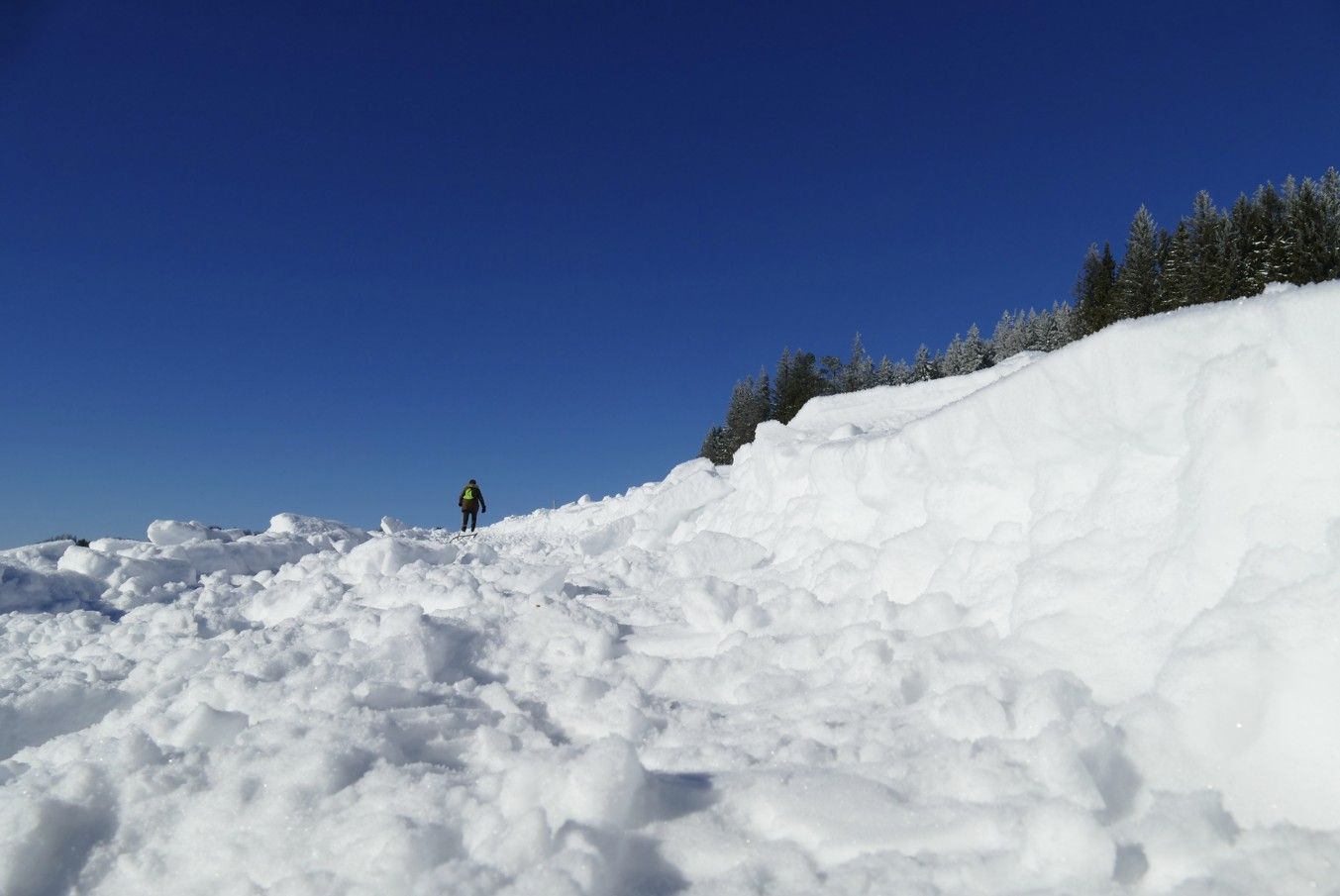 Breitnau - Een persoon wandelt bergopwaarts door diepe sneeuw, met een helderblauwe lucht.