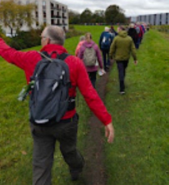 Een groep mensen wandelt over een graspad naast gebouwen. De man in het rood wijst vooruit.
